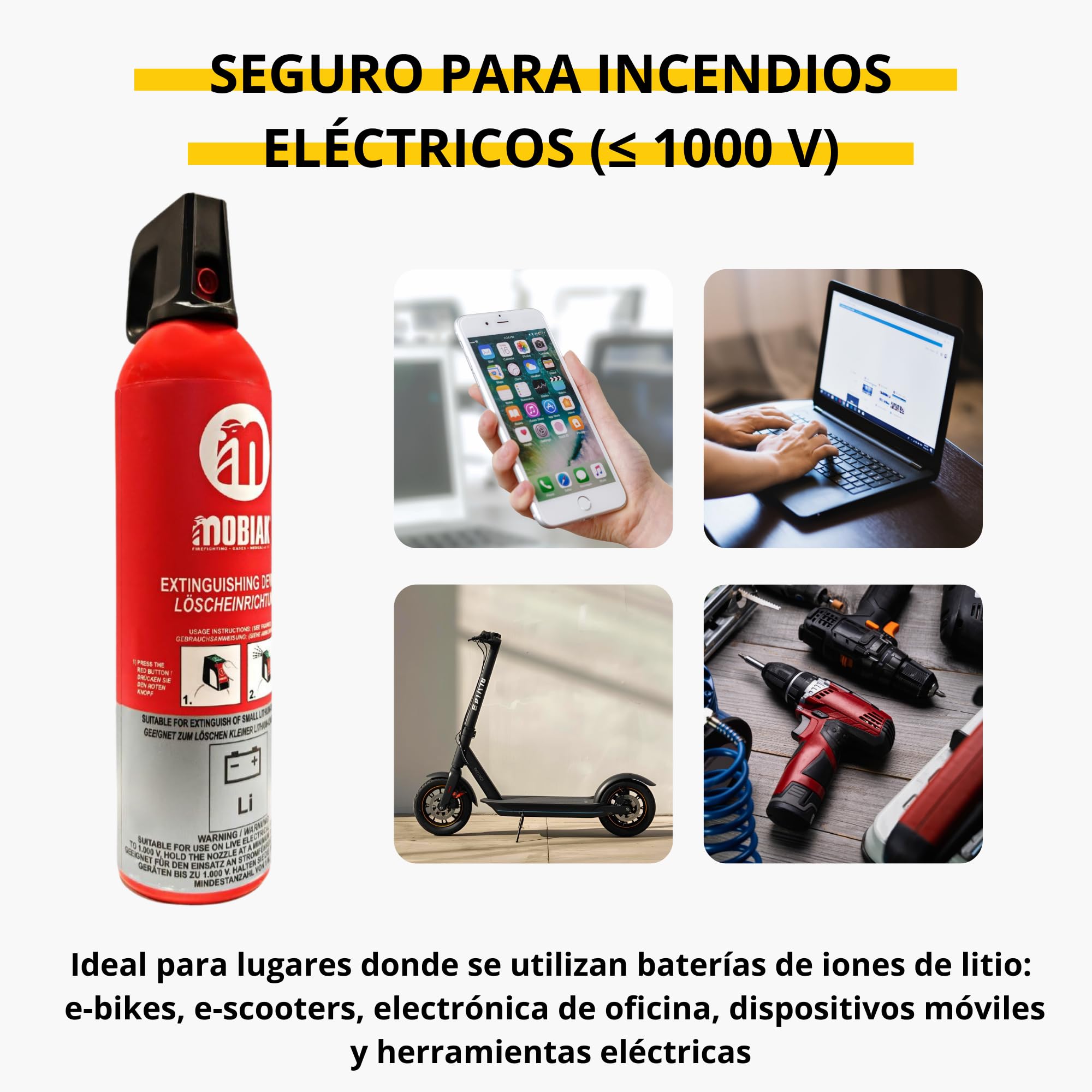 Extintor sin flúor 750 ml eléctrico | Seguro para la Piel | para baterías de Litio, E hasta 1000V | Extintor para casa, Extintores Coche, Barco
