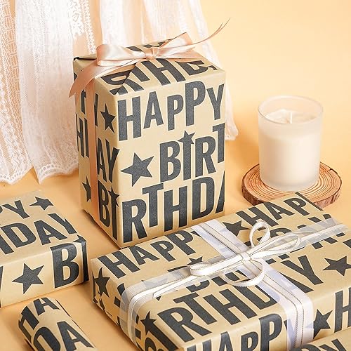 Miniatura 4 de RUSPEPA Rollo de papel de regalo de cumpleaños, mini rollo, texto de feliz cumpleaños negro con diseño de estrellas, papel kraft para hombres,