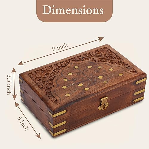 Miniatura 3 de Ajuny Joyero de madera hecho a mano con incrustaciones de latón para mujer Organizador de viaje de almacenamiento de recuerdos multiusos tallado a