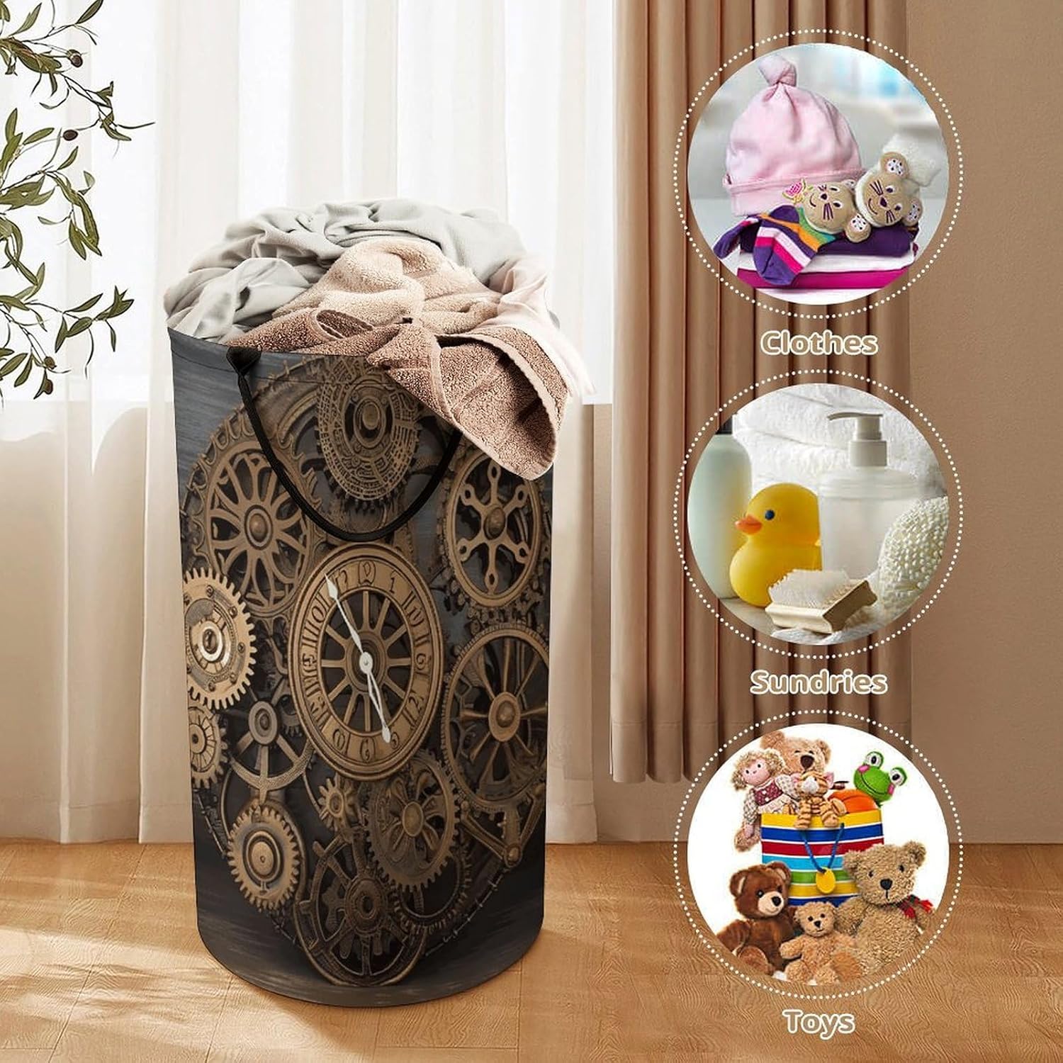 Steampunk Gears Clock Laundry Hamper Freestanding Waterproof Clothes Hamper with Easy Carry Handles Large Collapsible Laundry Baskets Portable Dirty Clothes Basket
