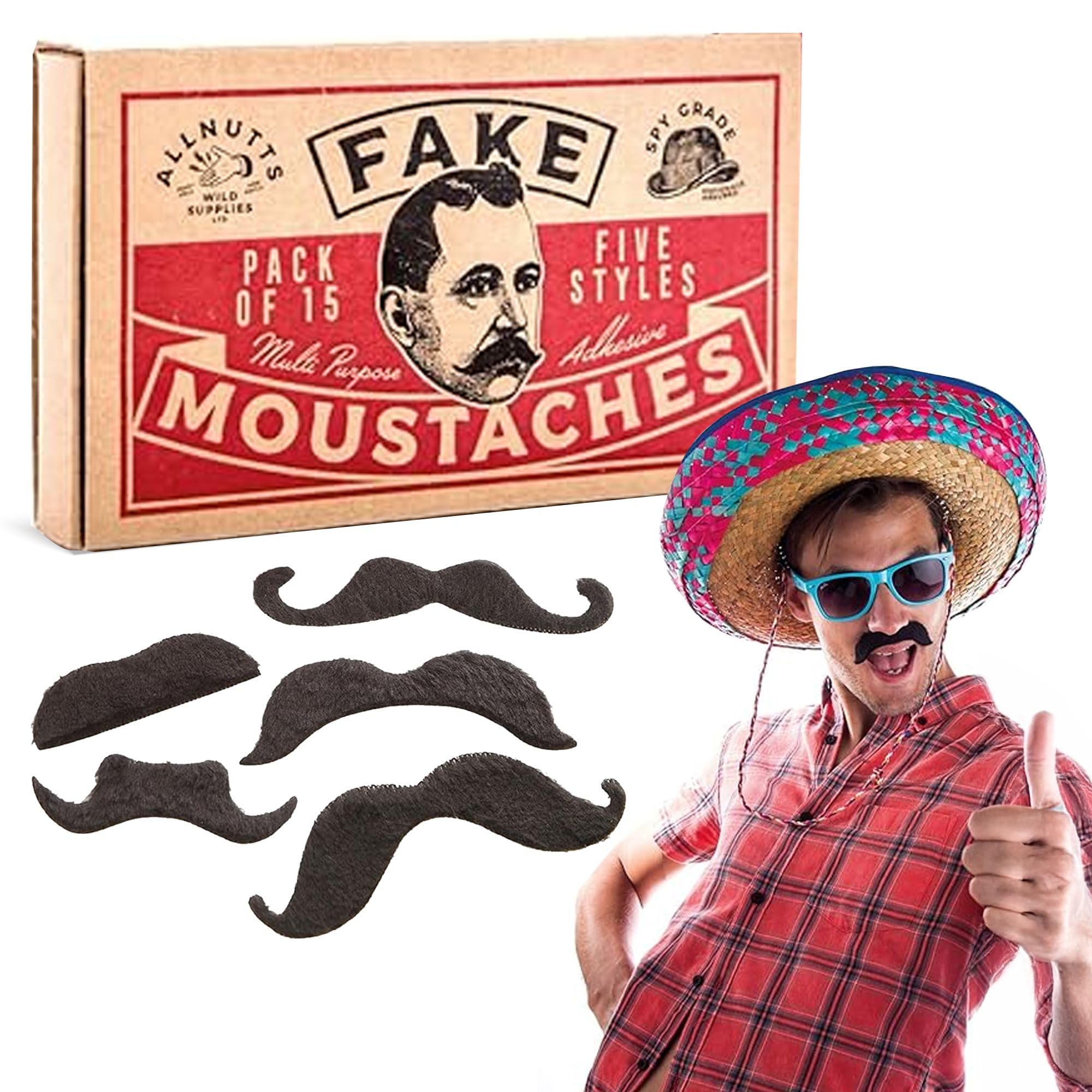 Fake Moustaches - 15 Black Stick On Moustache Fancy Dress Set for Mexican, Freddie Mercury and 70s Biker Mustache Costume