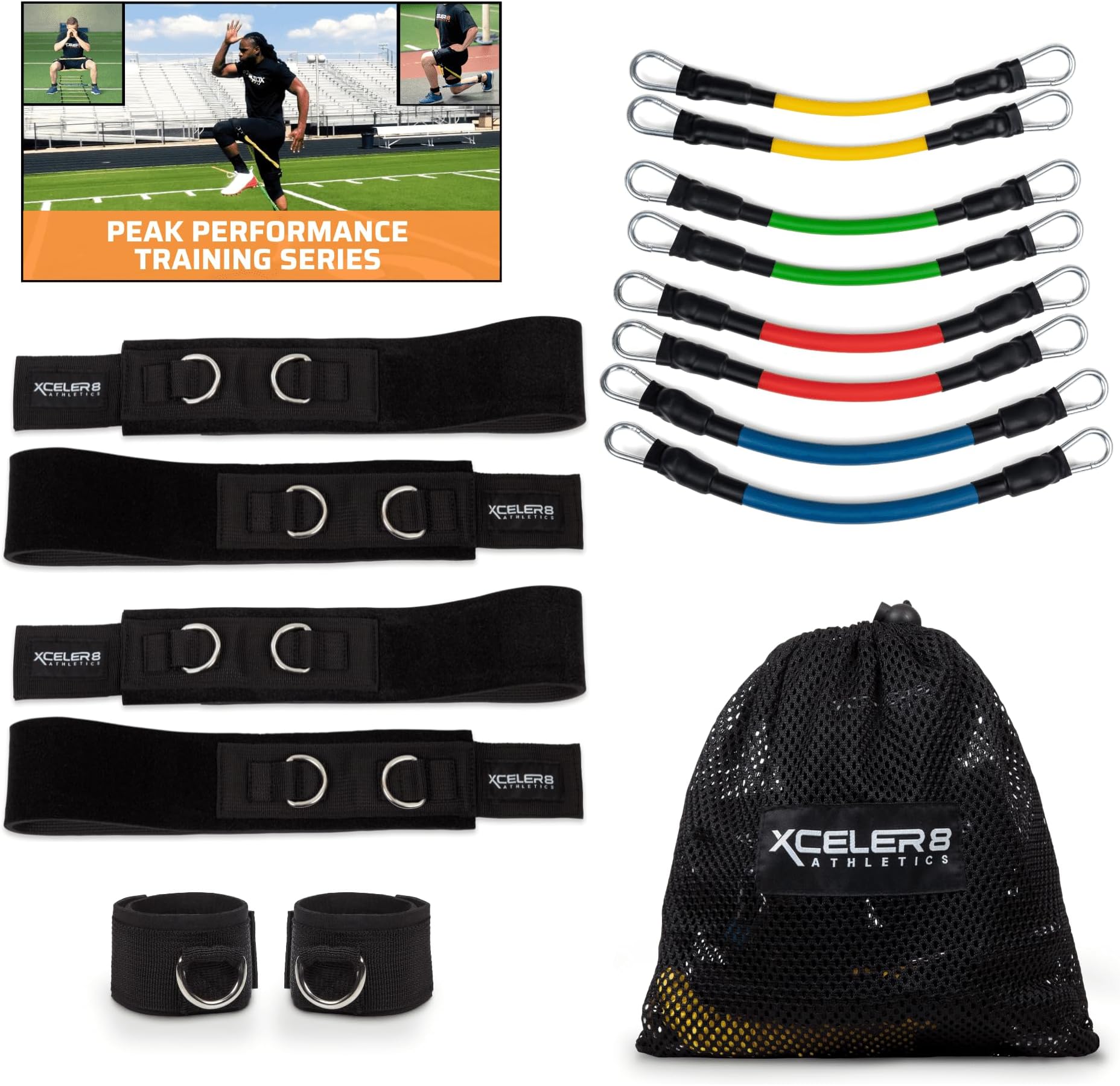 xceler8 athletics DYNAMX Trainer 11 Pieces Speed and Agility Resistance Bands Training Set of Videos, Build Muscle Strength/Endurance, Acceleration, Top-End Speed, Explosiveness, Mobility