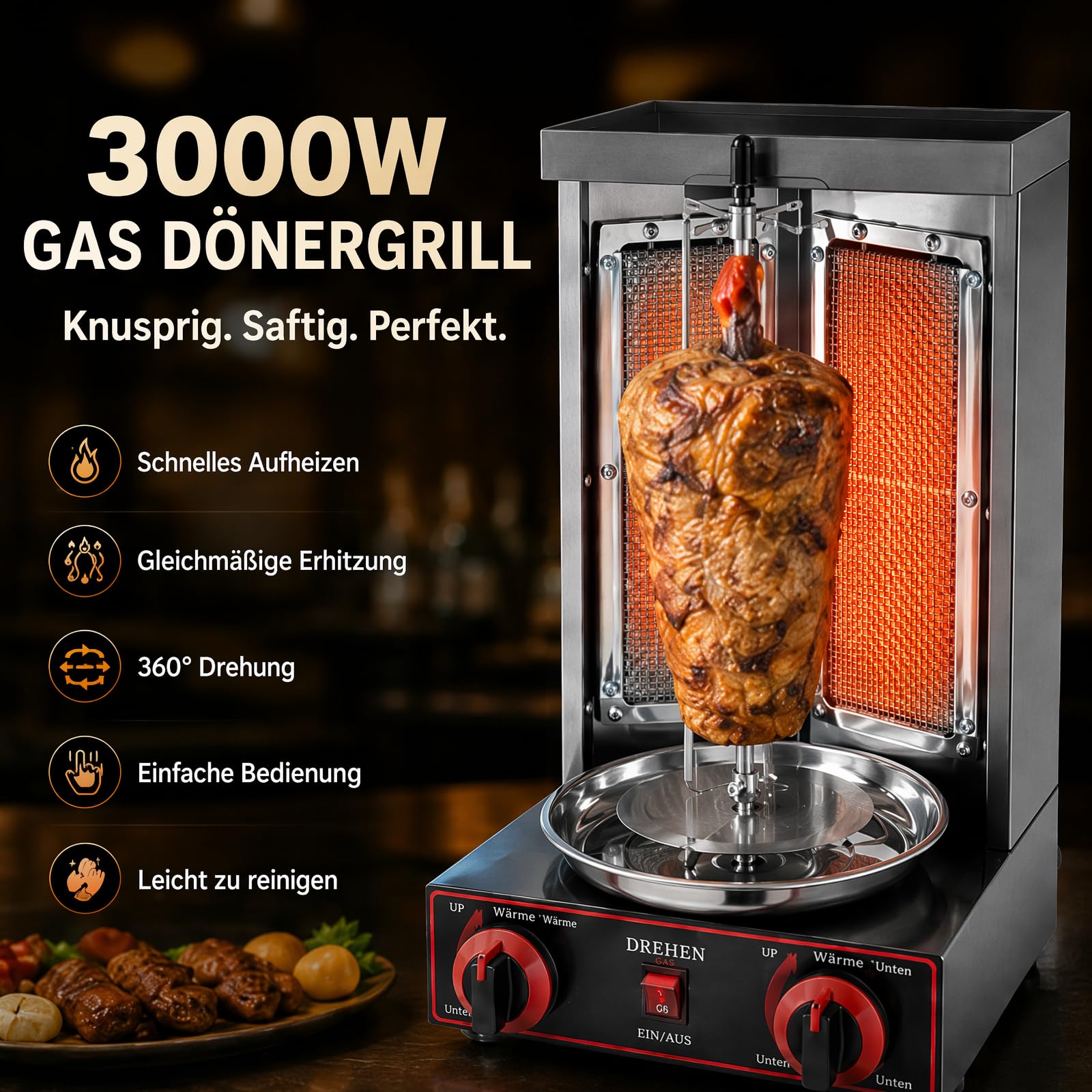 Grill gazowy do kebaba, 3000 W, 2 palniki, grill do domu, grill do szaszłyków, rotisser, grill gazowy, do steków, wysokowydajny grill LPG, pionowy brojler, elektryczny grill stołowy