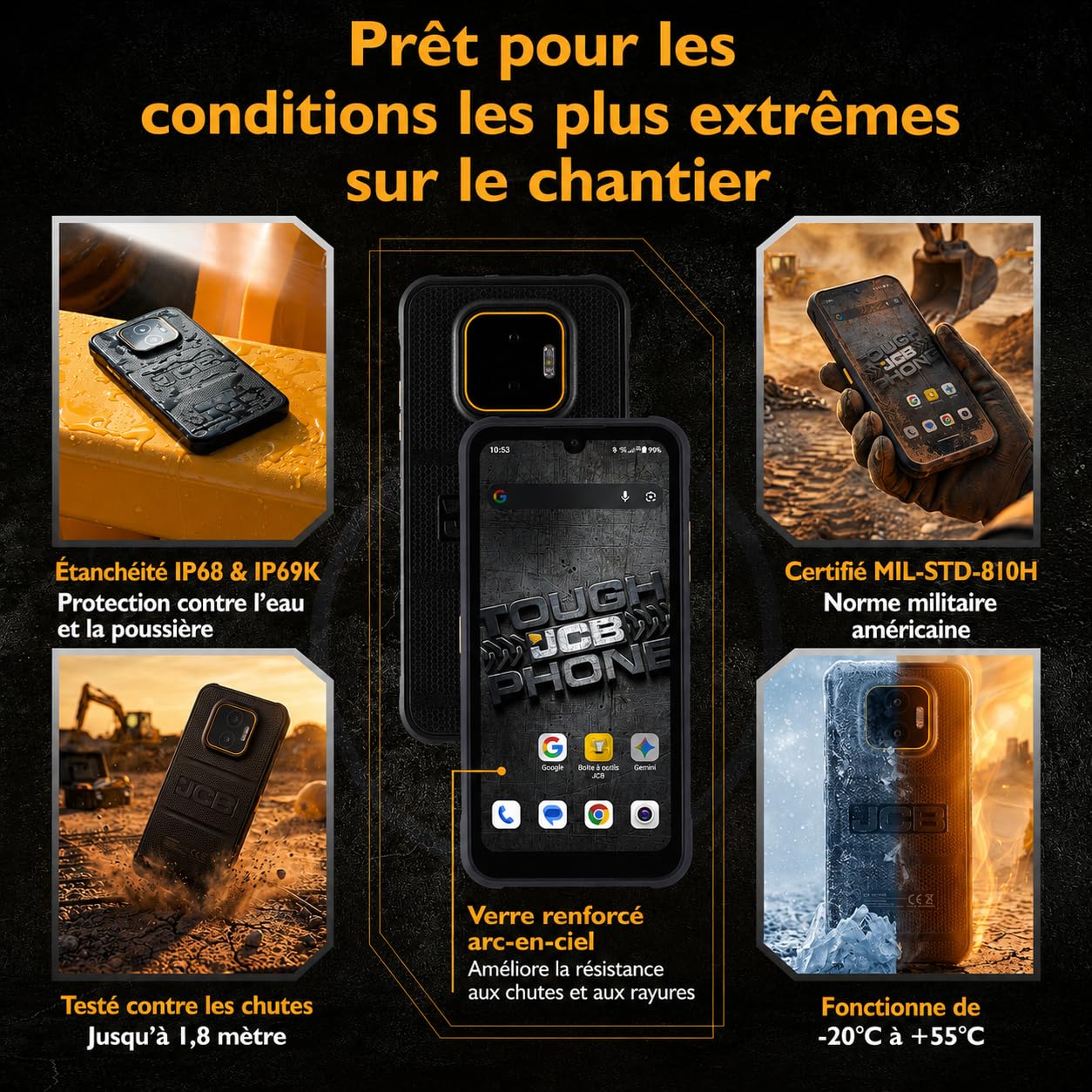 JCB Toughphone E50 Téléphone Portable Incassable 5G Android 16, Smartphone Robuste 6GB RAM 128GB, Batterie 5000mAh, Appareil Photo 50MP, NFC, Charge Rapide et sans Fil, Dual SIM + eSIM, IP68/IP69K