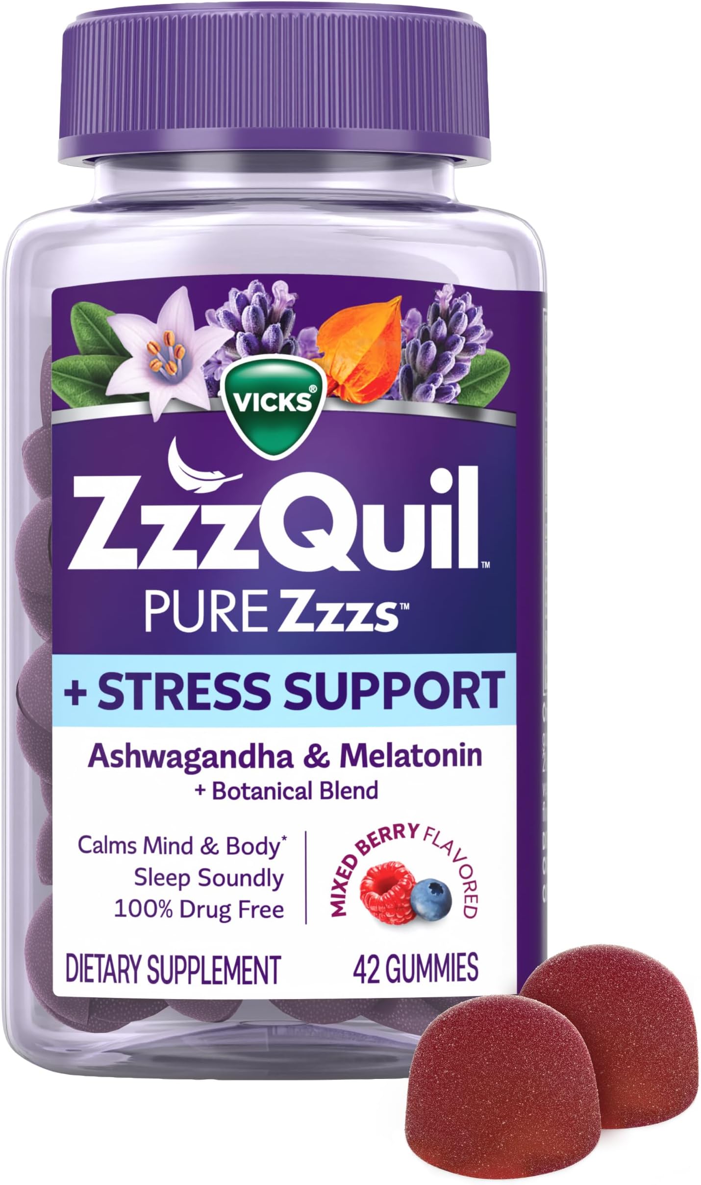 PURE Zzzs De-Stress Melatonin Sleep Aid Gummies, Helps Calm Your Mind and Body, Ashwagandha for Stress Support, Sleep Aids for Adults, 1 mg per gummy, 42 Count