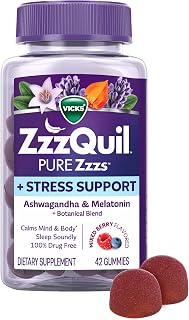 ZzzQuil PURE Zzzs De-Stress Melatonin Sleep Aid Gummies, Helps Calm Your Mind and Body, Ashwagandha for Stress Support, Sleep Aids for Adults, 1 mg per gummy, 42 Count
