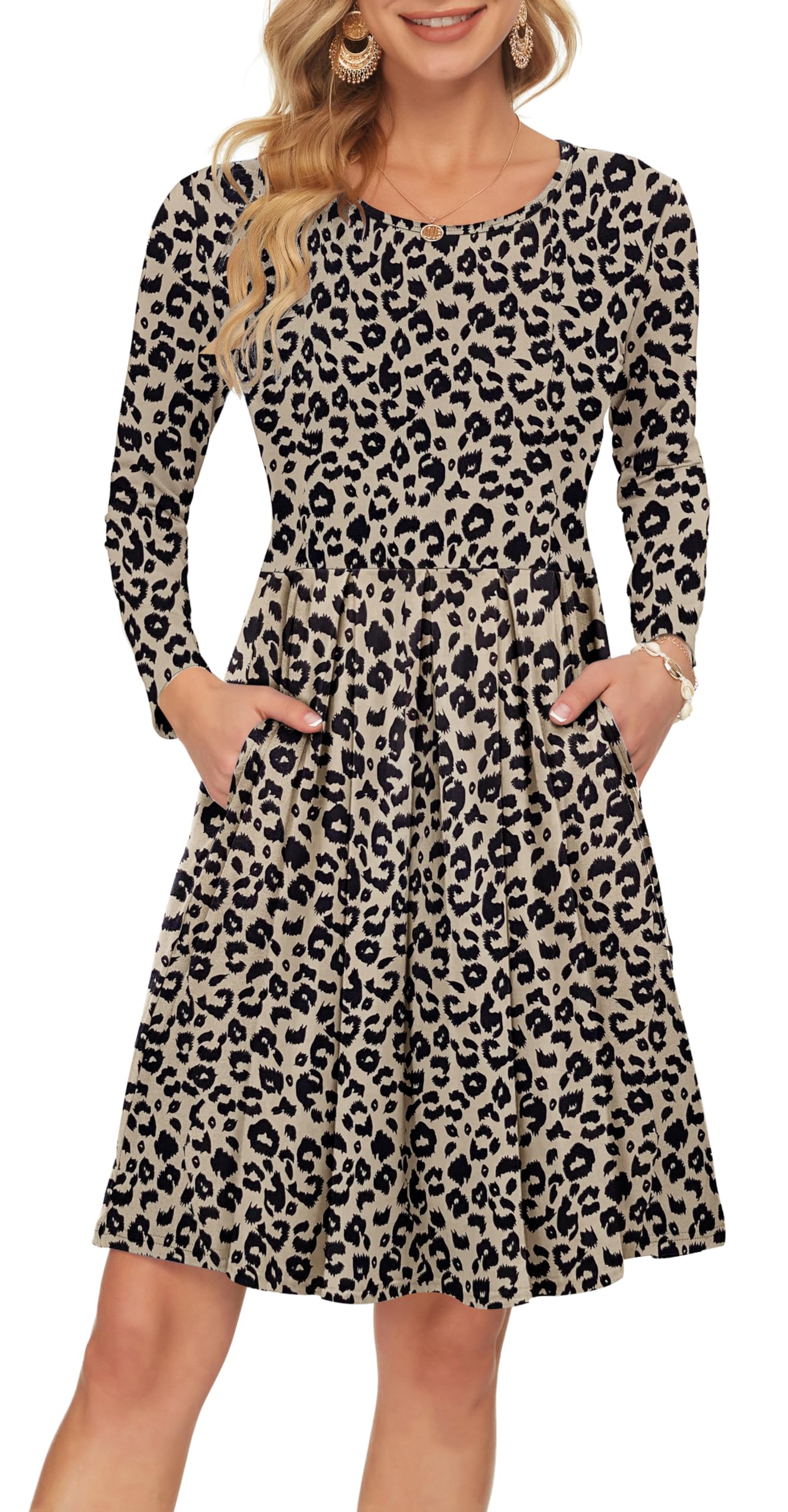 Auselily Women's Leopard Long Sleeve Pleated Loose Swing Casual Dress With Pockets Knee Length Xl