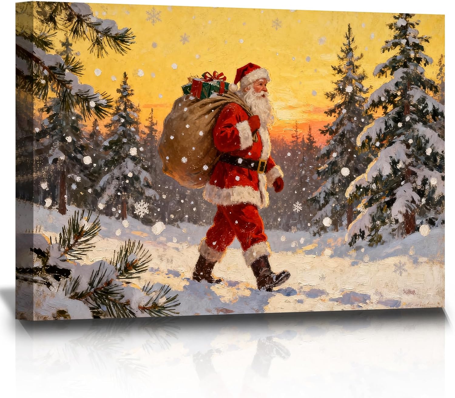 Craftline - Vintage Classic Christmas Santa Canvas Wall Art, Rustic Retro Santa Claus Walking in Snowy Forest Pictures Cottage Landscape Prints Santa Christmas Gifts 48x32 Poster for Living Room