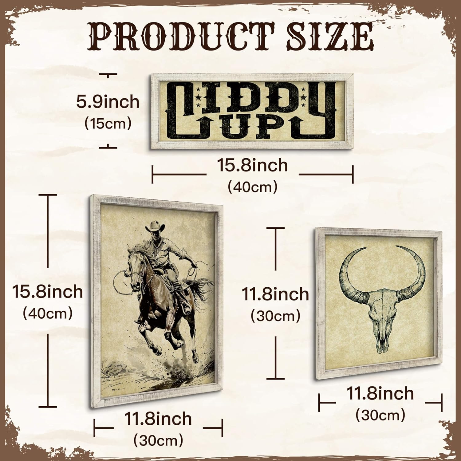 Putuo Decor Rustic 3 Piece Western Wall Art, Boho Bedroom Decor, Farmhouse Wall Decor (Giddy Up)