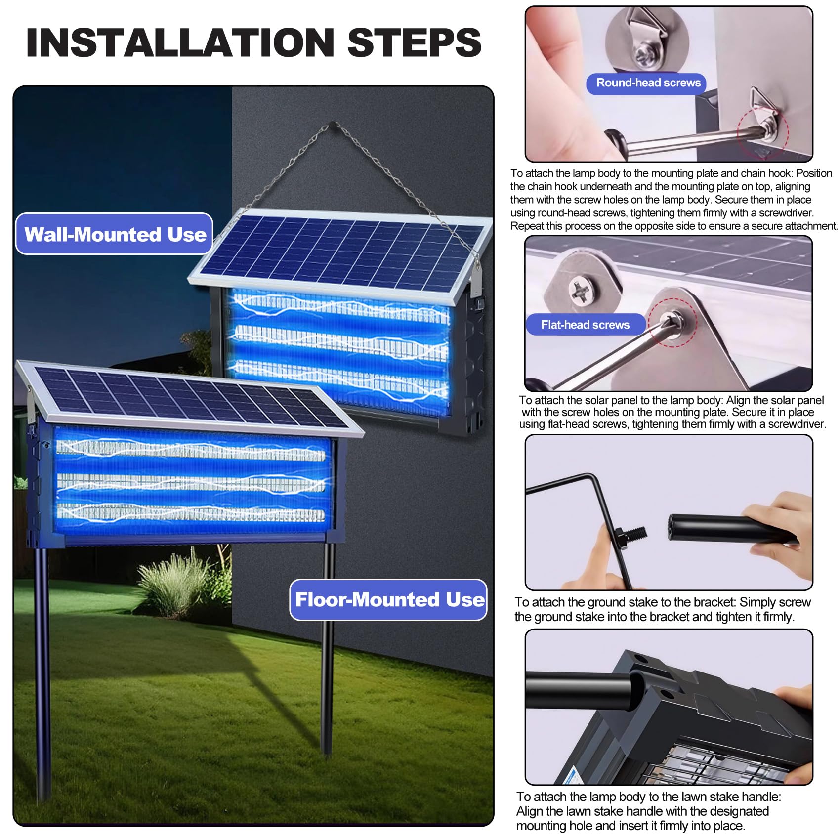 45 W Solar Insektenvernichter für den Außenbereich, wasserdicht, 3000 V, hohe Leistung, kabellos, doppelt, Solar & USB wiederaufladbar, Insektenvernichter für Terrasse, Garten, Hinterhof, Innen- und