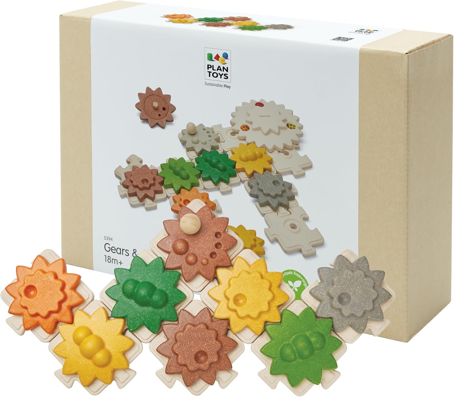 PlanToys® Wooden Gears & Puzzles Set | Montessori STEM Educational Toy | Wooden Gear Building Puzzle for Logical Thinking, Fine Motor Skills & Cause and Effect Learning