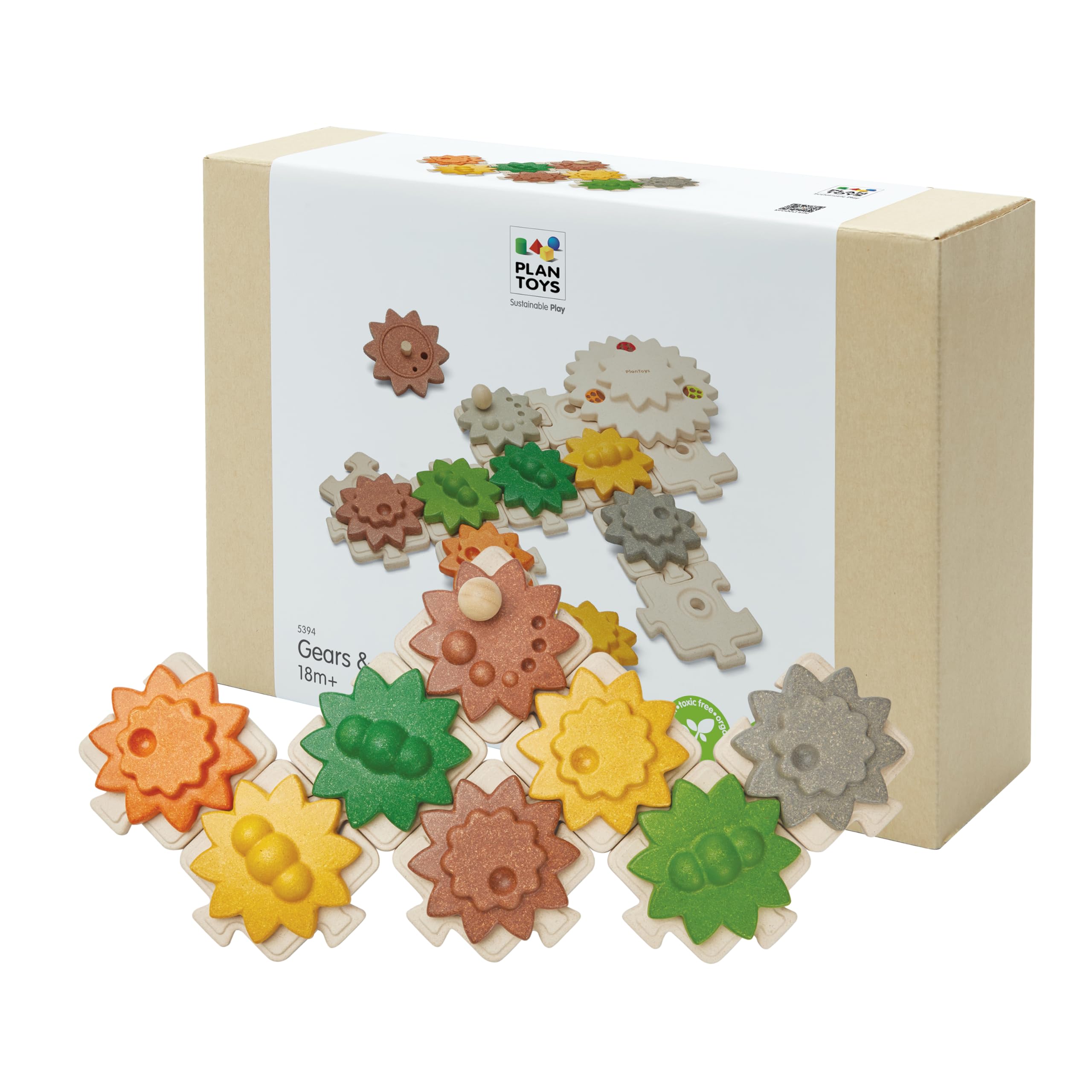 PlanToys® Wooden Gears & Puzzles Set | Montessori STEM Educational Toy | Wooden Gear Building Puzzle for Logical Thinking, Fine Motor Skills & Cause and Effect Learning