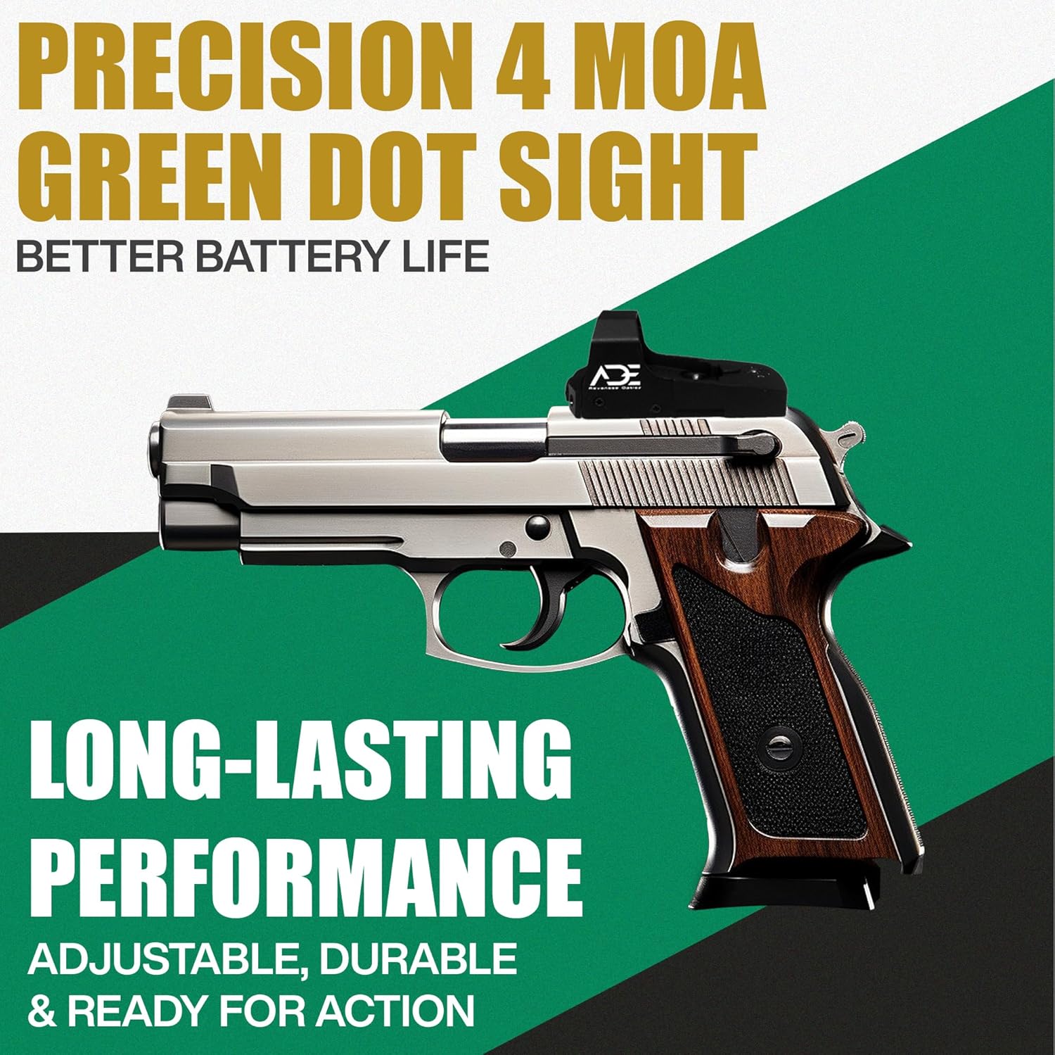 Ade Advanced Optics Huracan Green Dot Reflex Sight for Handgun - Compatible with Doctor/Venom/Fastfire Red Dot Footprint
