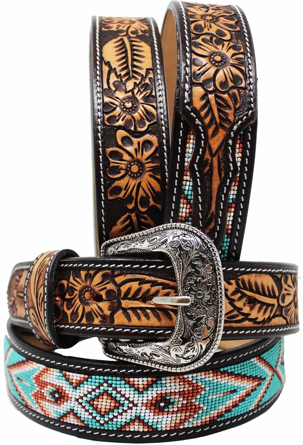 CHALLENGER Unisex 1.5" Western Floral Tooled Beaded Full-Grain Leather Belt 26RT41B