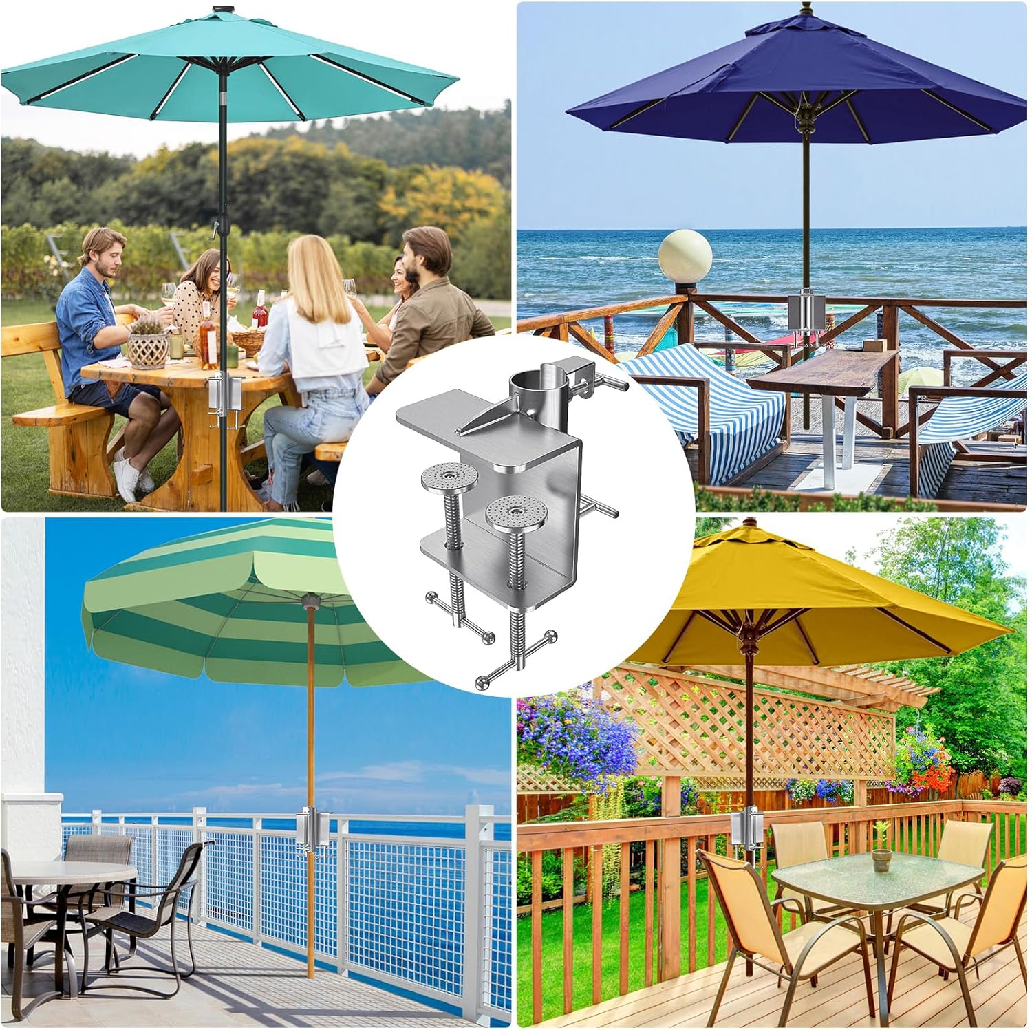 BeneLabel Upgraded Double Clip Deck Umbrella Mount Bracket for Railing Adjustable Patio Umbrellas Clamp Clip Carbon Steel Umbrella Clamp Stand Holder for Parasol, Terrace, Balcony