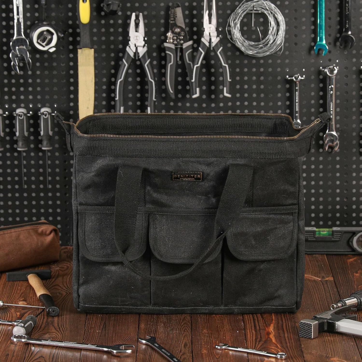 Heavy-Duty 16oz Waxed Canvas Tool Tote with Zipper, Multi-Purpose Organizer Tool Pouch with 15 Pockets | 15"L X 7.8"W X 11.5"H