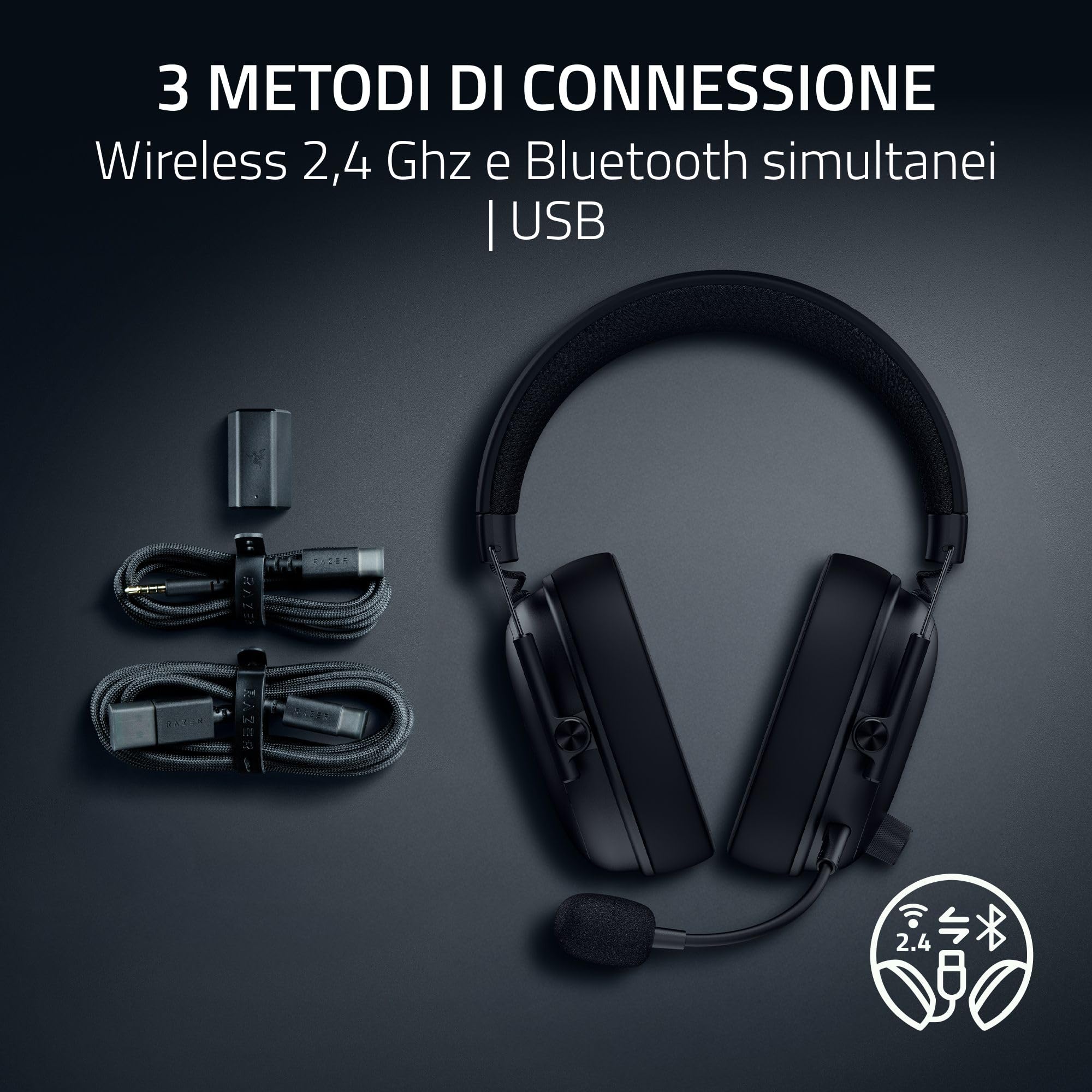 Razer BlackShark V3 - Cuffie wireless per eSport - Driver TriForce da 50 mm - Microfono a banda larga rimovibile - THX Spatial Audio - Wireless 2,4 GHz & Bluetooth - Profili FPS - PC/Mac | Nero