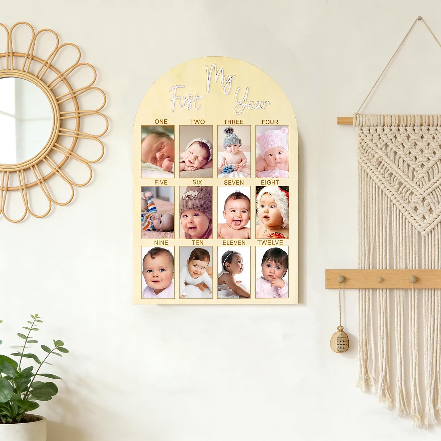 My First Year Arch Photo Frame, Natural Wooden Monthly Milestone Photo Board for Baby Birthday Party Decorations (23.6 x 15.8 in)