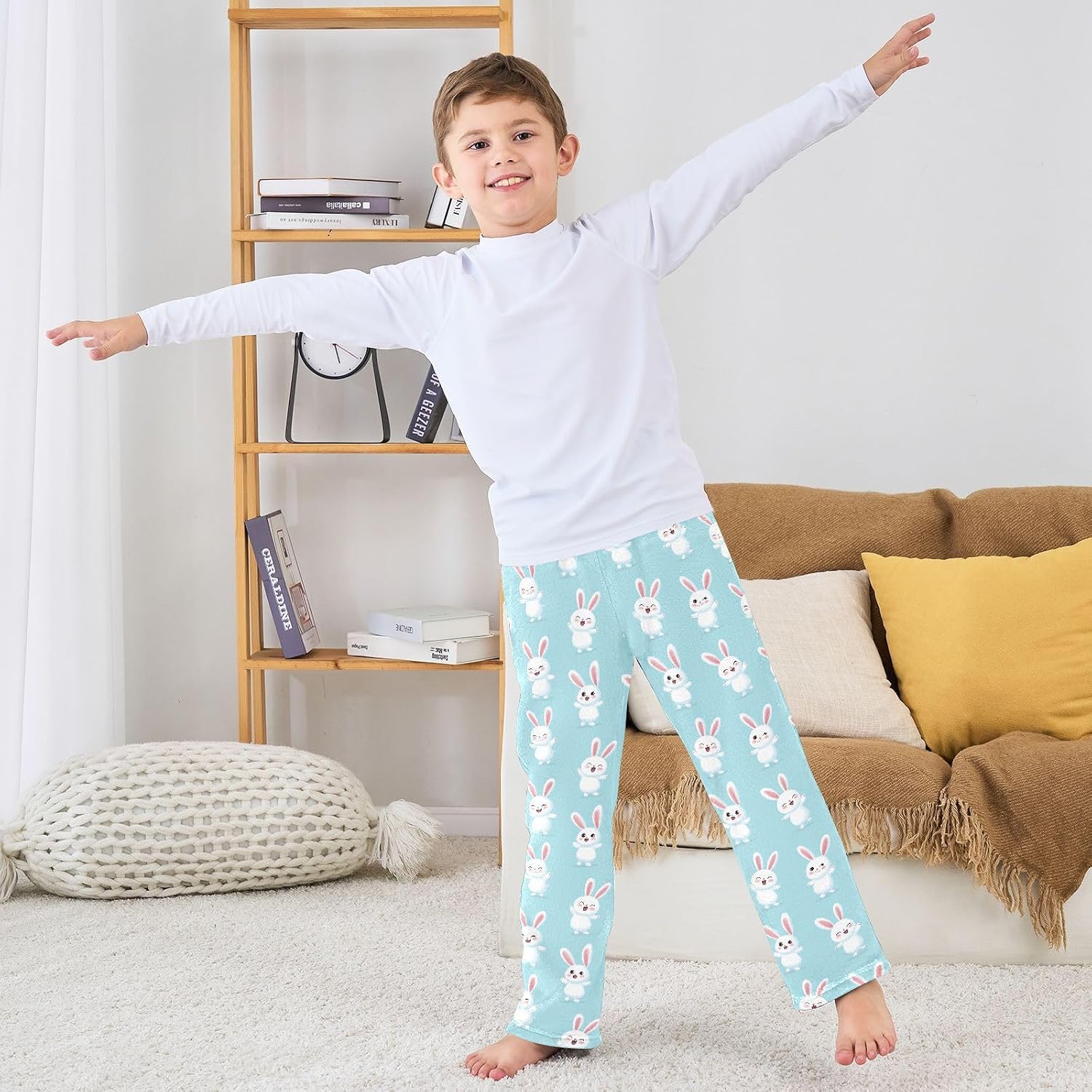 Cute Cartoon Rabbit Pattern Boys Pants for Kids Fleece Bottoms Long Jogger Pants Trousers with Pockets Size 6-14Y