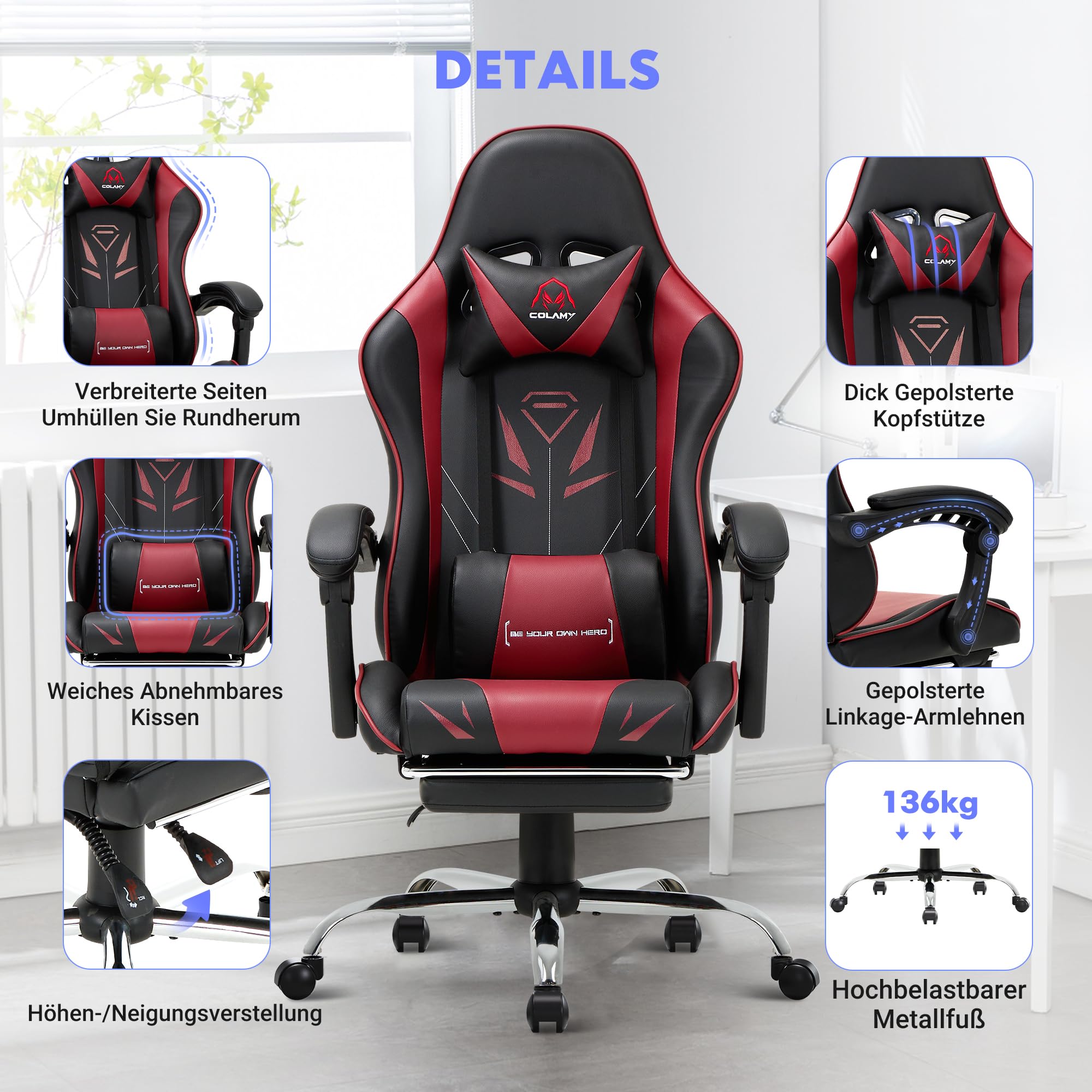 COLAMY Silla para Videojuegos, con reposapiés y Soporte Lumbar, Silla de Gaming Regulable en Altura con Asiento Giratorio de 360° y reposacabezas, Silla de videogamer PC, Respaldo Alto ergonómico,