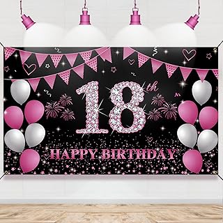 HTDZZI 18th Birthday Backdrop Banner Hot Pink, Happy 18th Birthday Decorations for Girls, 18 Year Old Birthday Party Photo Props Yard Sign Decor Supplies for Women, Fabric