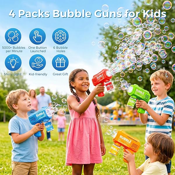 4PCS Pistolets à Bulles pour Enfants, Machine Bulles Automatique 5000+ Bulle par Minute avec Lumières/Solution(4 Flacons+10 Recharge),Souffleur de Bulles pour D'extérieur Cadeau Fête Mariage - 2