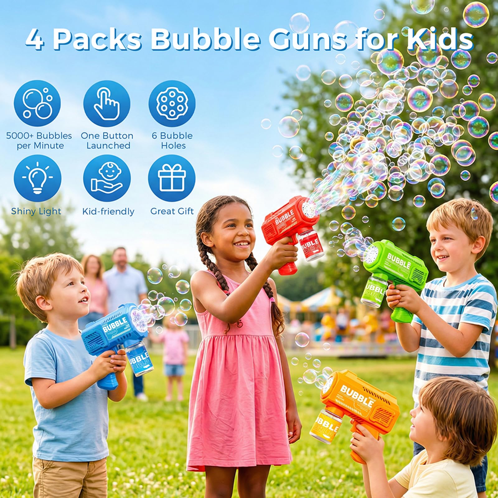 4PCS Pistolets à Bulles pour Enfants, Machine Bulles Automatique 5000+ Bulle par Minute avec Lumières/Solution(4 Flacons+10 Recharge),Souffleur de Bulles pour D'extérieur Cadeau Fête Mariage