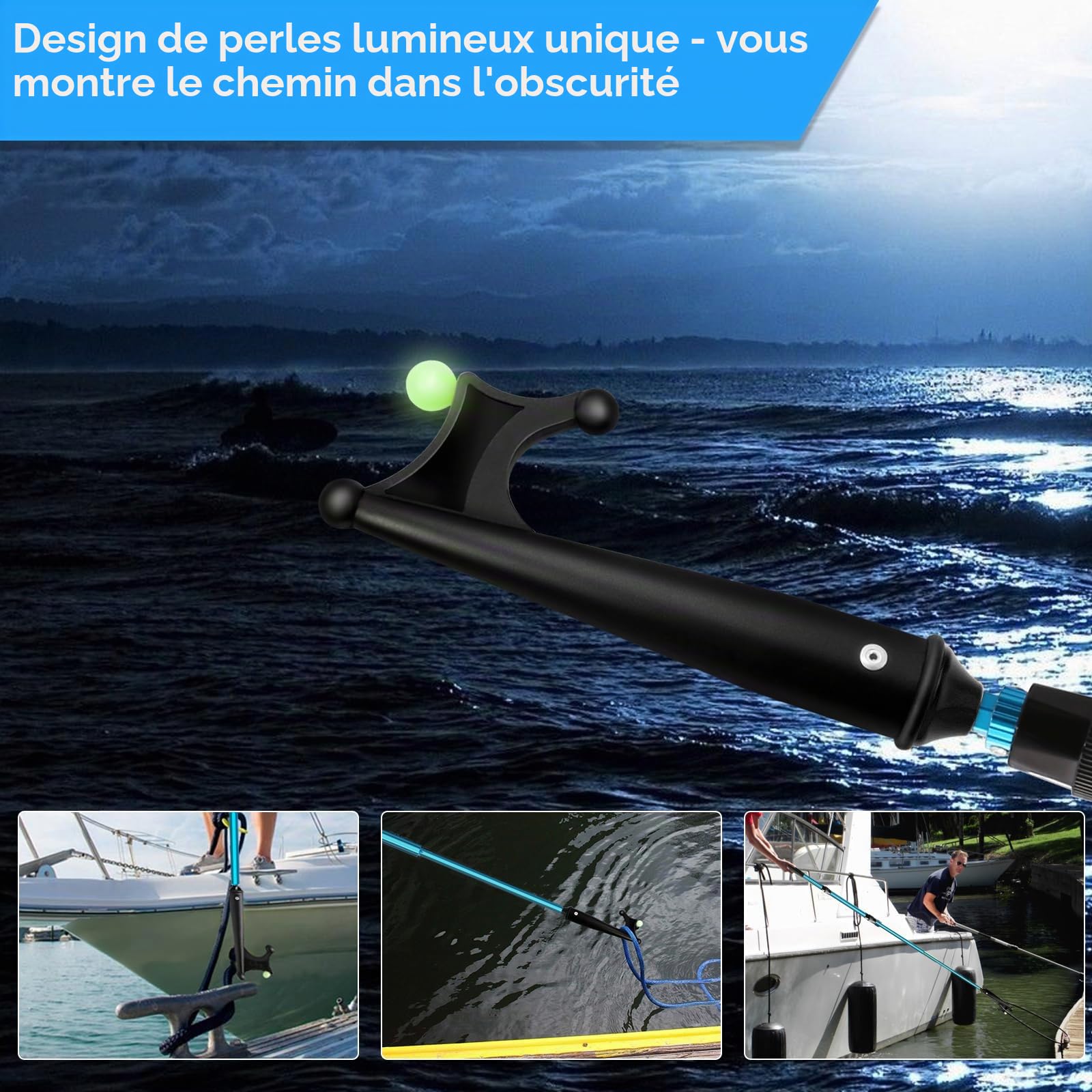 KOMCLUB Gaffe Télescopique - Crochet de Bateau Marin 140cm-200cm Perche Télescopique en Aluminium avec Perle Lumineuse Poignée Longe de Pêche Antidérapante