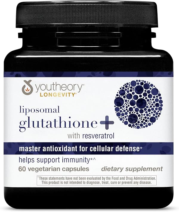 Youtheory Glutatión Liposomal con Resveratrol, 60 unidades, suministro para 30 días | Mezcla antioxidante poderosa para apoyar la defensa celular y el envejecimiento saludable desde adentro*, vegetariano, cápsula clínicamente estudiada, 60 unidades (Paquete de 1)