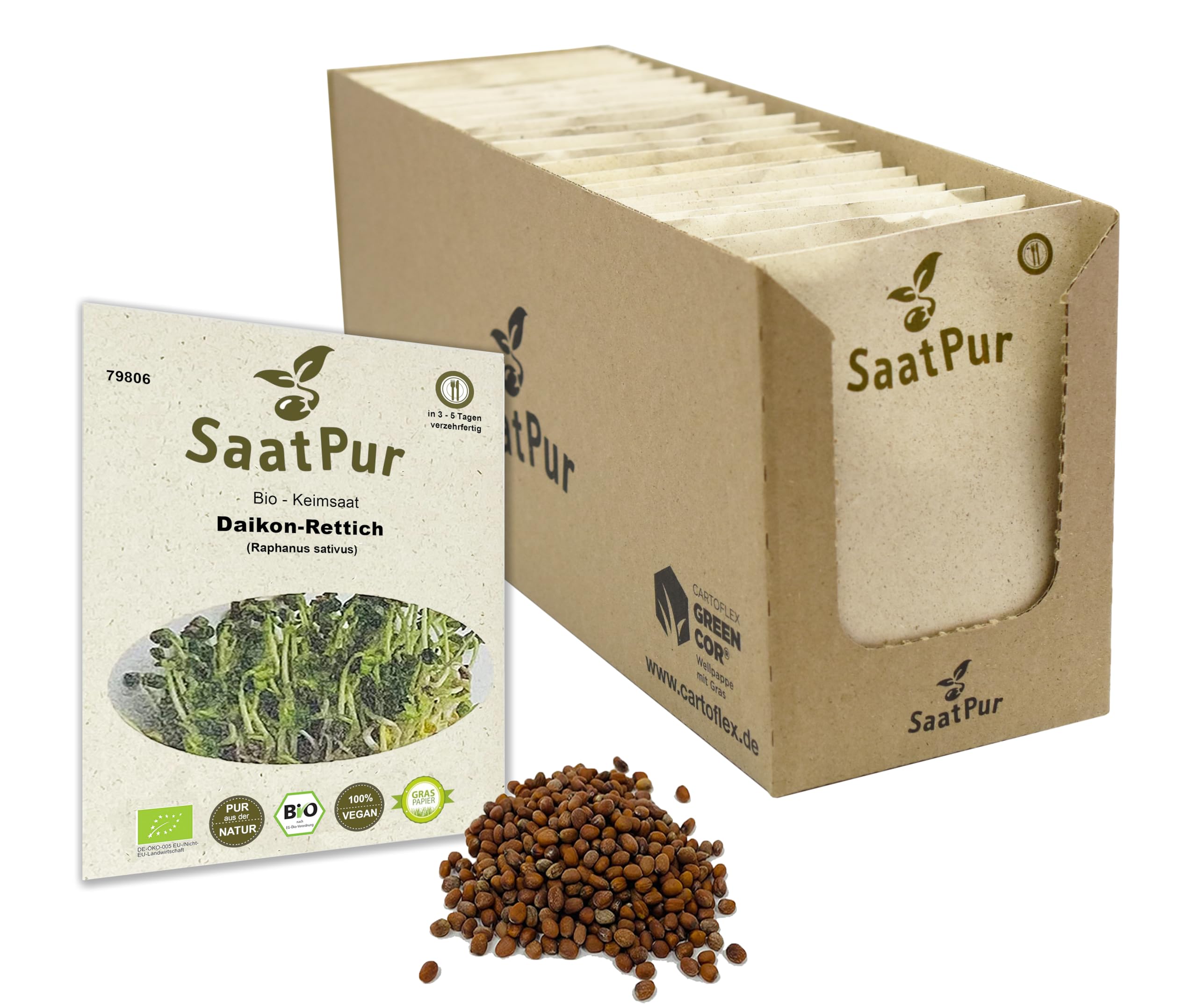 SaatPur® Saatgut Bio-Keimsprossen Daikon-Rettich 75g, hohe Keimkraft, Micro-Greens für vitaminreiche - Großes Tray mit 30 Portionstüten je 75g