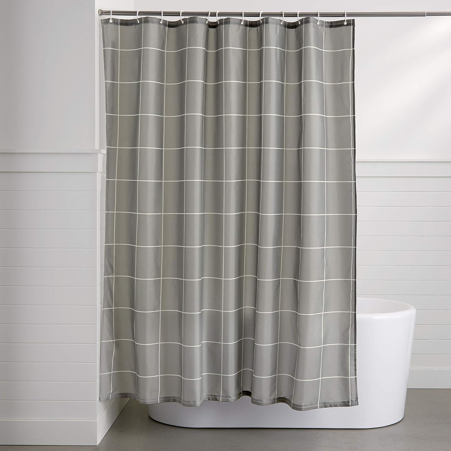 Amazon Basics Fabric Shower Curtain with Grommets and Hooks - 72 x 72 Inch, Dark Gray Grid