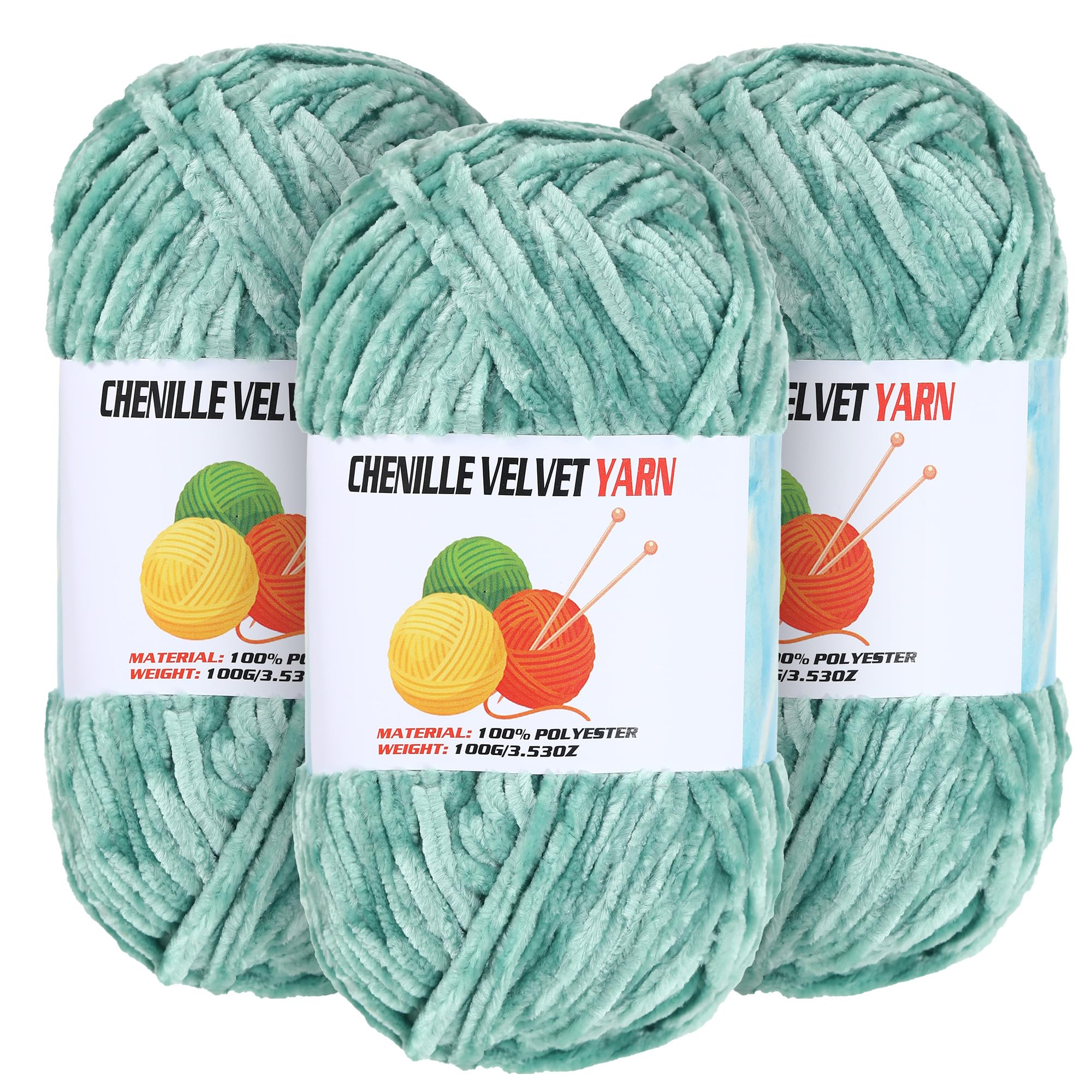 3 * 100g Velvet Chenille Chunky Yarn for Crocheting, Handcrafts Weaving Soft Chenille Yarn for Crocheting Clearance, Used for Making Baby Yarns Blanket, Clothes, Knitting Creations (Light Green)