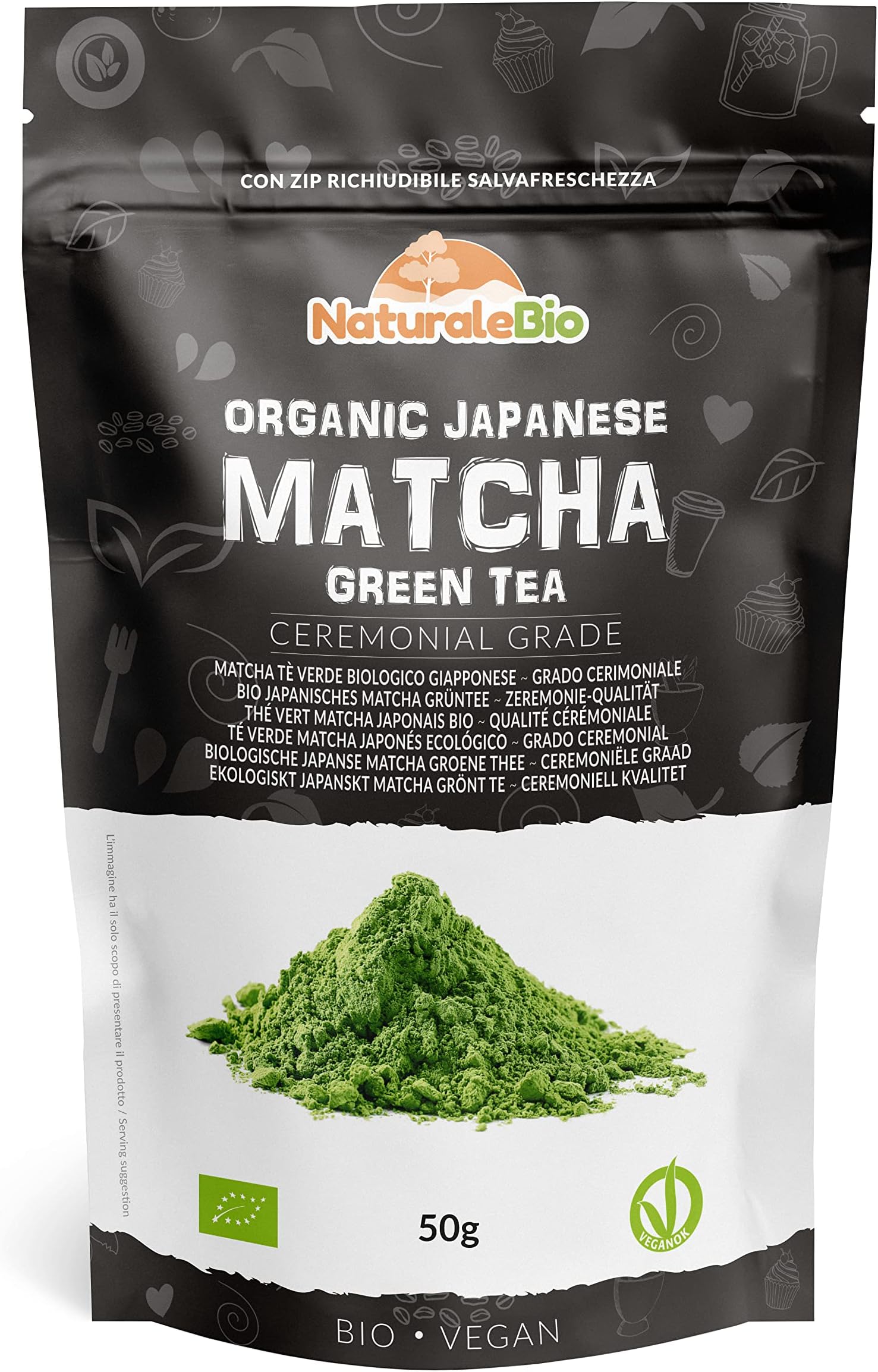 NaturaleBio Matcha Green Tea Powder. Ceremonial Grade Organic, 50g. From Uji, Kyoto for Traditional Japanese Tea Ceremony. Free of Added Sugars and Preservatives.