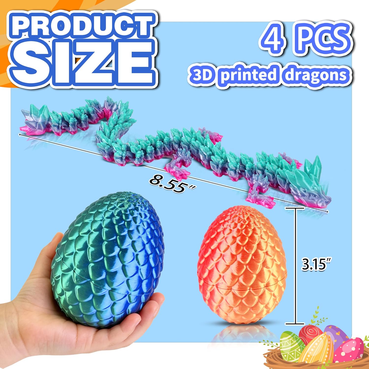 8.5" 3D Printed Dragon Eggs, Flexible Fidget Toys, 3D Printed Animals Set, Unique Birthday Party Favors, Desk Decor & Classroom Prizes for Boys & Girls (4 Pack)