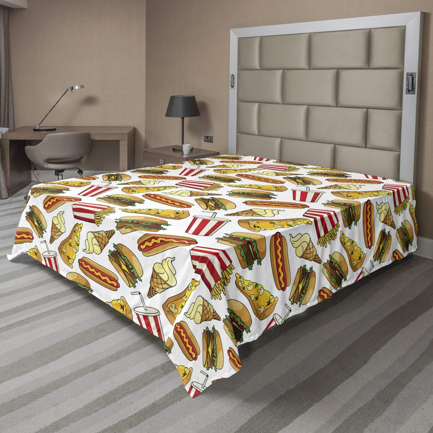 Ambesonne Food Flat Sheet, Fun Fast Food Cartoon Hot Dog Hamburger Pizza Slice Ice Cream Cone Soda Cup, Soft and Comfortable Top Sheet Decorative Bedding 1 Piece, Full Size, Multicolor