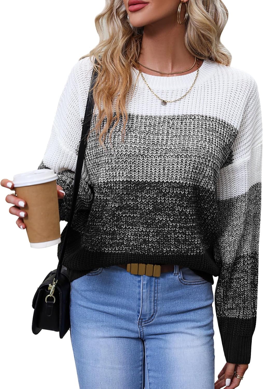Women's Striped Color Block Sweater Long Sleeve Crewneck Casual Loose Fit Soft Knit Sweater Pullover Tops