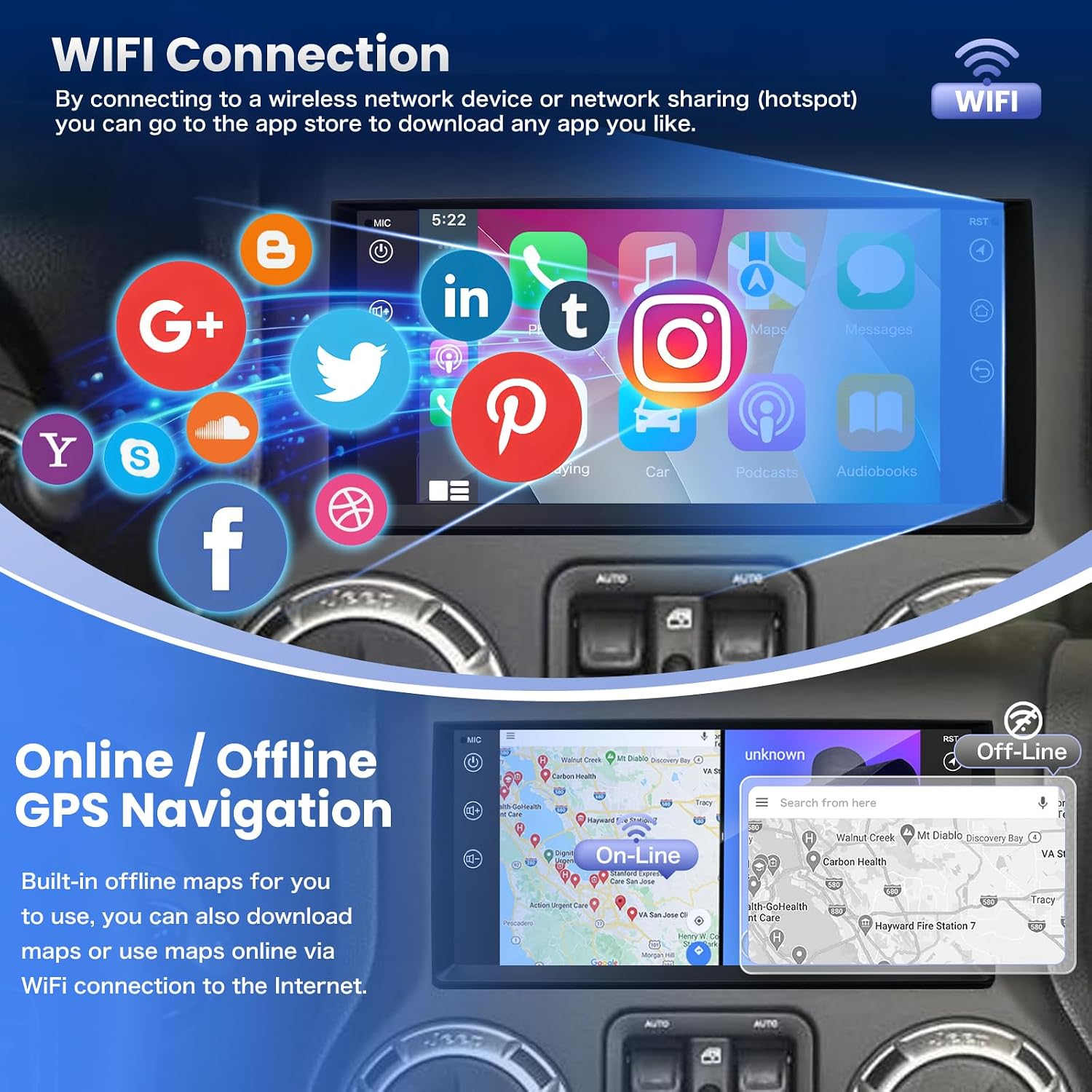 8-core 4+64G Android 14 Car Stereo Radio for Jeep Wrangler 2007-2018, Dodge Ram 1500 2500 3500 2009-2012, 7'' IPS Touch Screen Radio with Wireless CarPlay/Android Auto/Bluetooth/WiFi/GPS/Camera