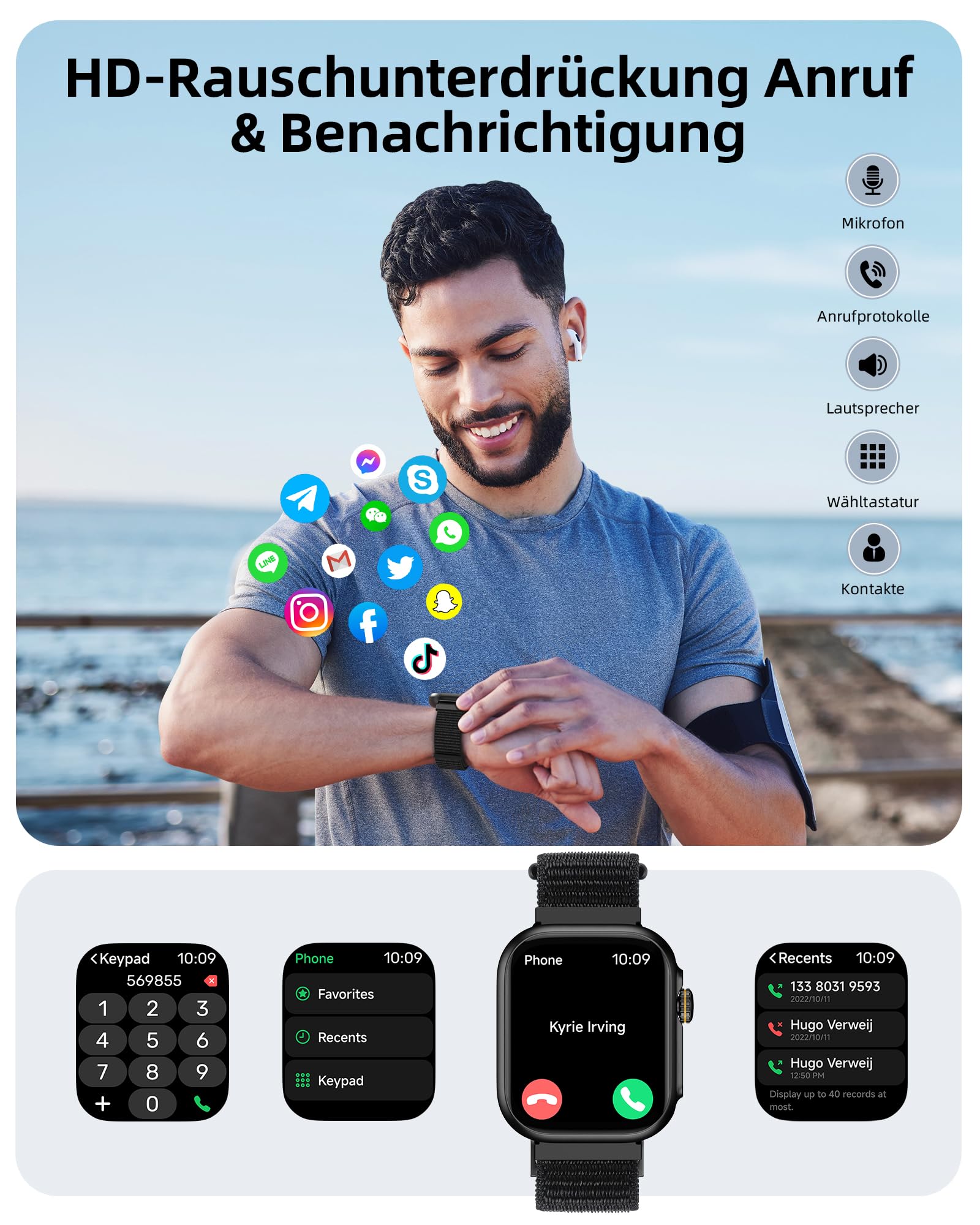 Parsonver Smartwatch mit Eingebautes GPS, 30M Schwimmend Wasserdicht | Fitnessuhr mit Bluetooth Telefonfunktion, Fitness Watch mit 100+ Sportmodi, Herzfrequenz, Schlafen, für Android/iOS, Schwarz