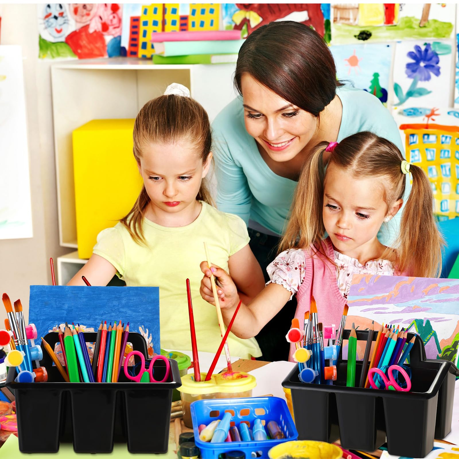 WILLBOND 12 organizadores de almacenamiento para el aula con 4 compartimentos, apilables, organizadores de plástico portátiles con asa, organizadores de almacenamiento para el aula para niños,