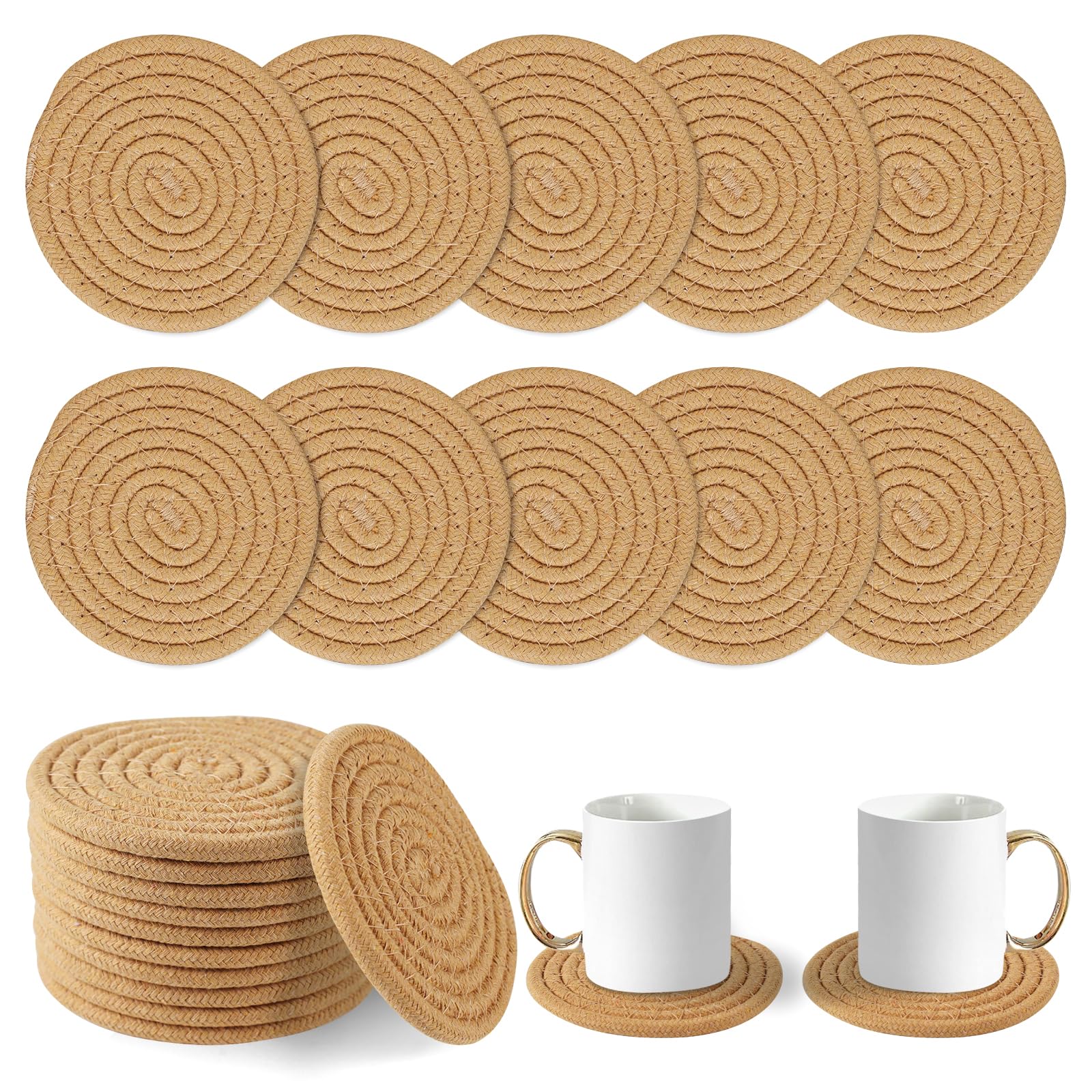 Vivinin 10 Boho Cotton Coasters - Absorbent Coasters for Drinks, Brown Set for Room Decor, Bar, Housewarming Gift, 4.3"