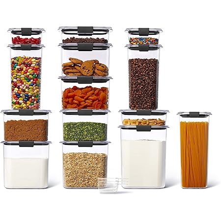 Rubbermaid Brilliance BPA Free Food Storage Containers with Lids, Airtight, for Kitchen and Pantry Organization, New Set of 14 w/ Scoops