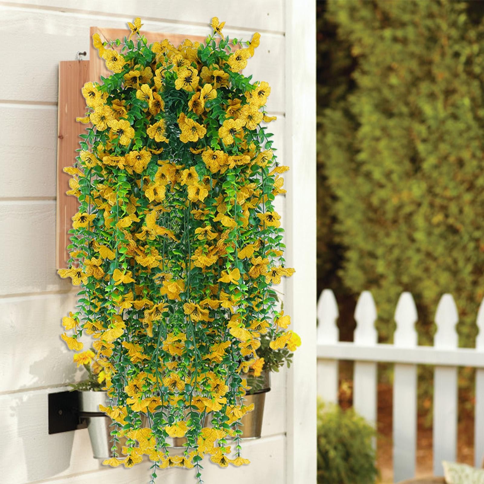 5 PCS Artificial Hanging Flowers Outdoor - UV-Resistant Fake Artificial Hanging Plants Bouquet Trailing Wall Flower Baskets for Wall Home Garden Yard Wedding Indoor Outdoor Decoration (Yellow)