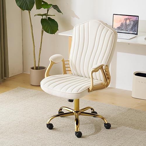 Miniatura 1 de Silla de oficina en casa de terciopelo con brazos y patas dorados, cómoda silla de escritorio giratoria tapizada y capitonada, cómoda con ruedas