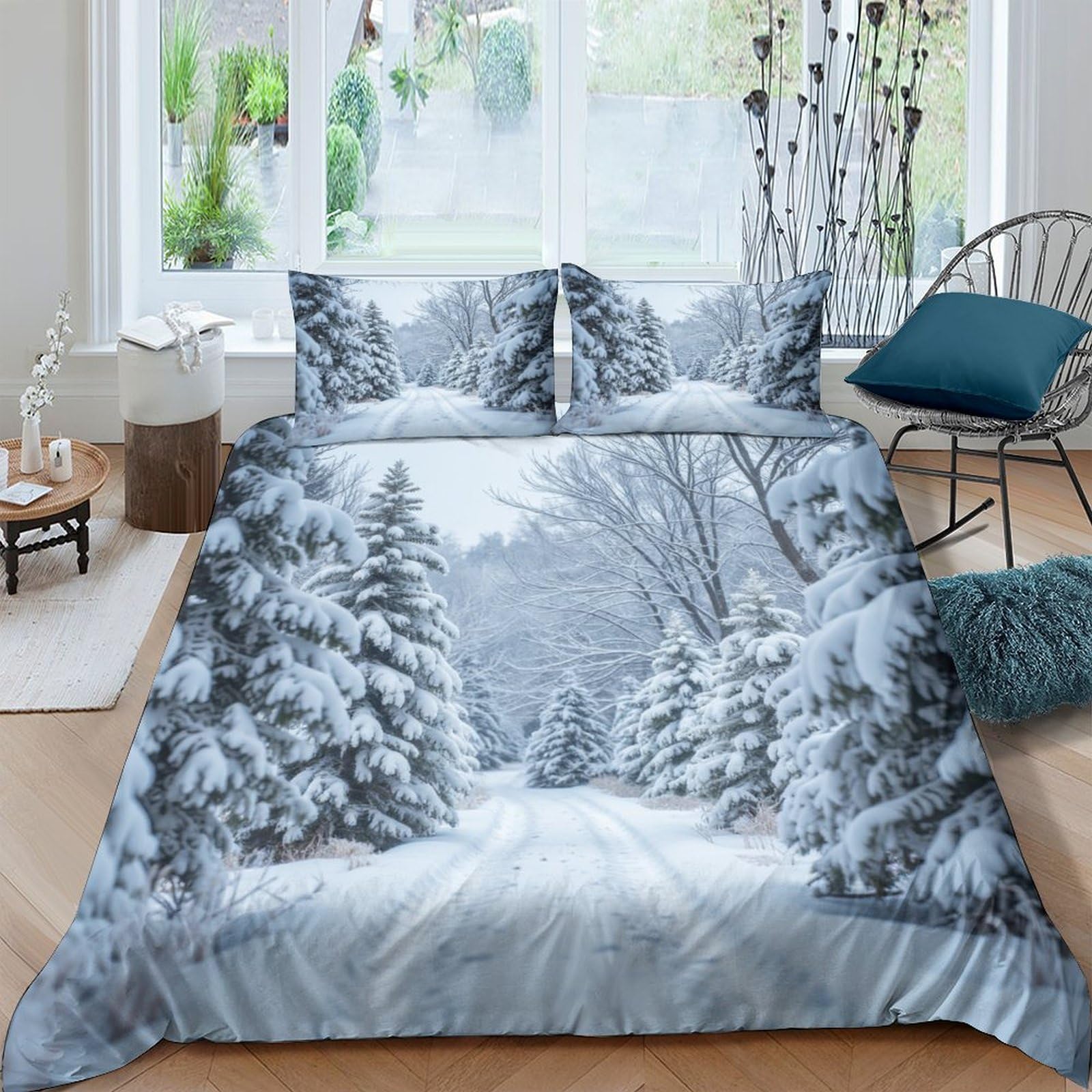 Ctjqhvkz Style-6 3D Printed Winter Snow Forest Fitted Sheet Microfiber Soft Grey Scenic Bed Sheet For Bedroom Guest Room Mattress Decor Single（135X200cm）