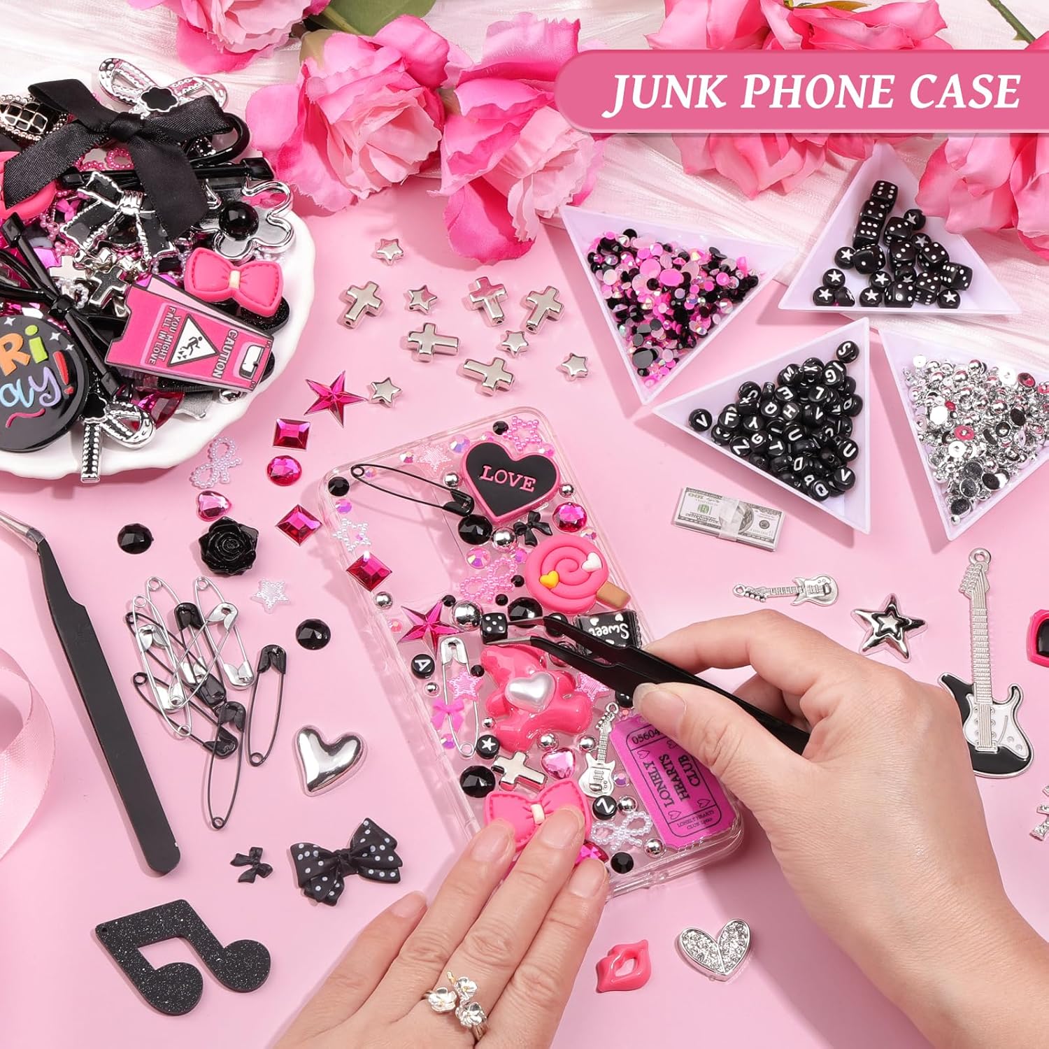 1740 Pcs Junk Case Charms Kit, Junk Phone Case for Customizing DIY, Letter Beads, Kawaii Nail Accessories Flatback Beads, Star, Love, Rhinestones, Candy Bow Charms, Cute Decors for DIY Crafts - Image 3
