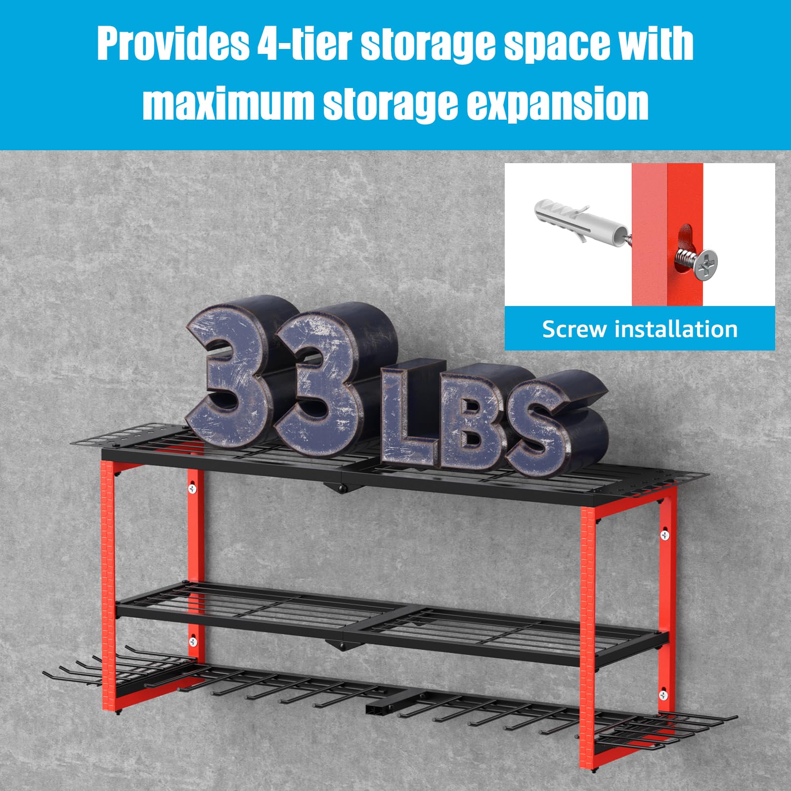 CCCEI Power Tool Organizer Wall Mount, Large 3 Layer Garage Storage Shelves and Organization, Heavy Duty Metal Drill, Battery, Tools Box Holder Rack, Gifts for Men, Red.