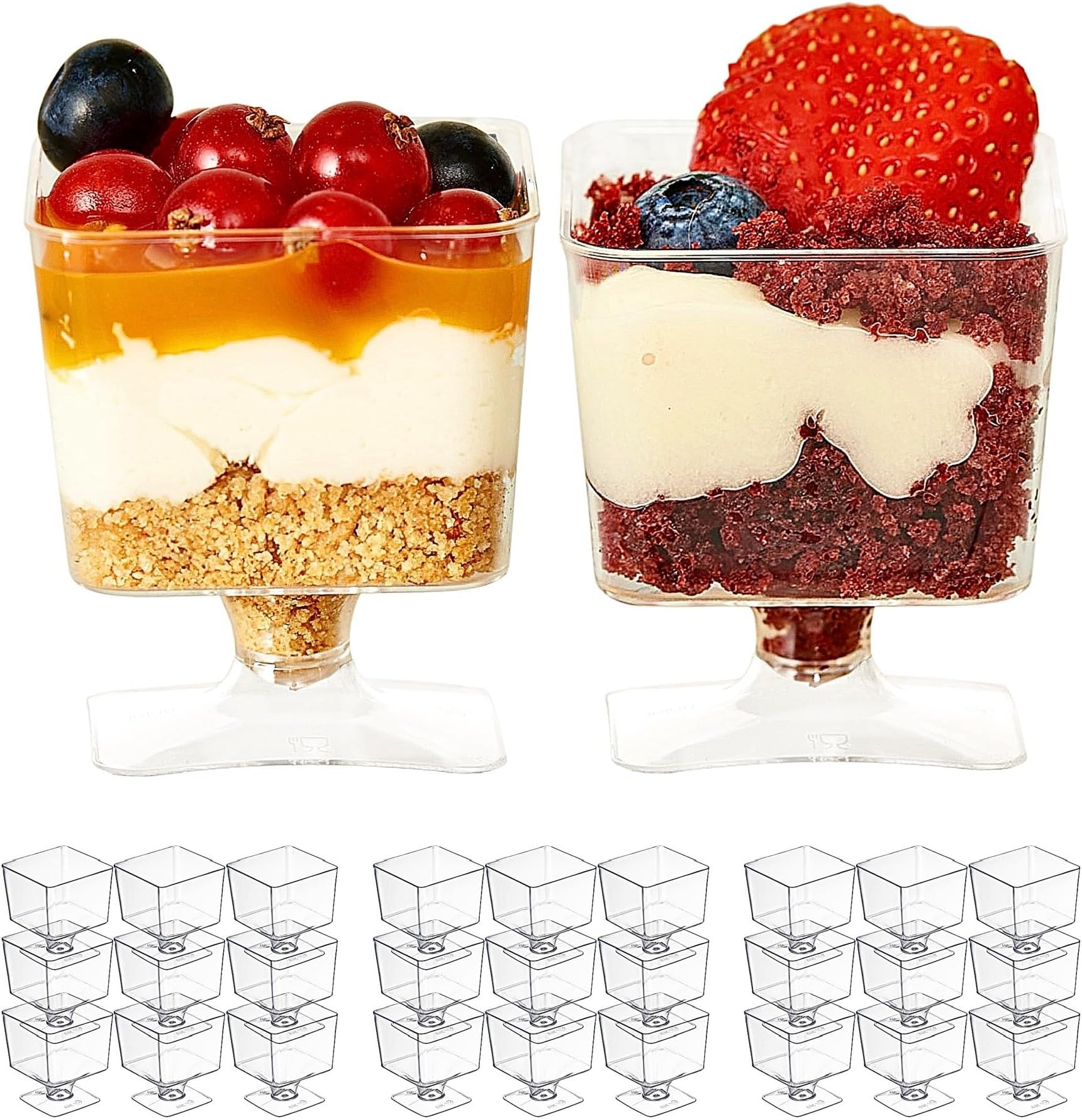 MATANA 100 Mini Clear Hard Plastic Dessert Cups for Parties (Square with Stem, 60ml) - Elegant & Reusable Individual Dessert Pots for Cheesecake, Jelly, Puddings, Mousse, Tiramisu, Trifles