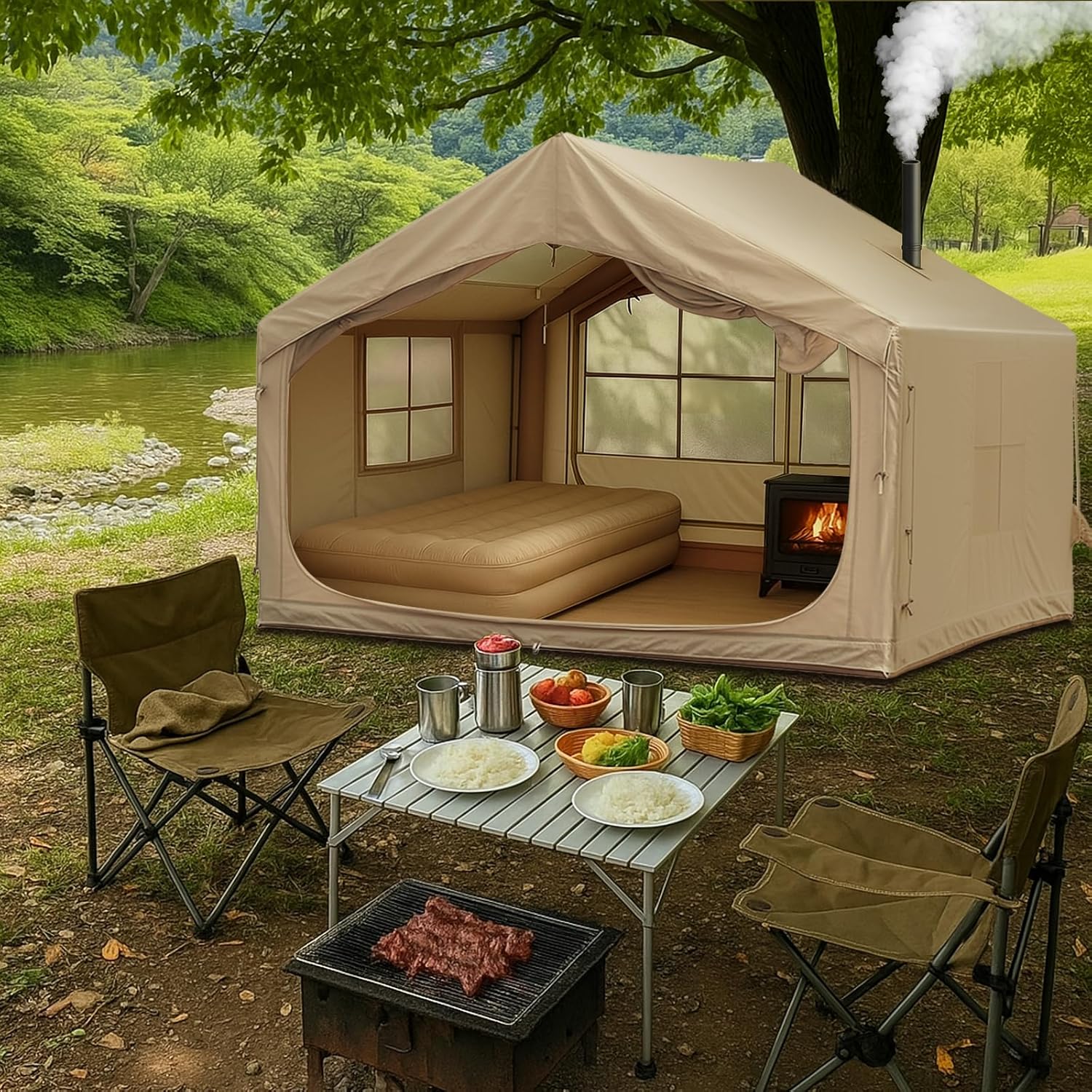 10' x 8' Blow up Tents for Camping, 6-8 People Inflatable Camping Tent, 4 Season Inflatable Tent with Stove Jack, Waterproof Inflatable Tent House
