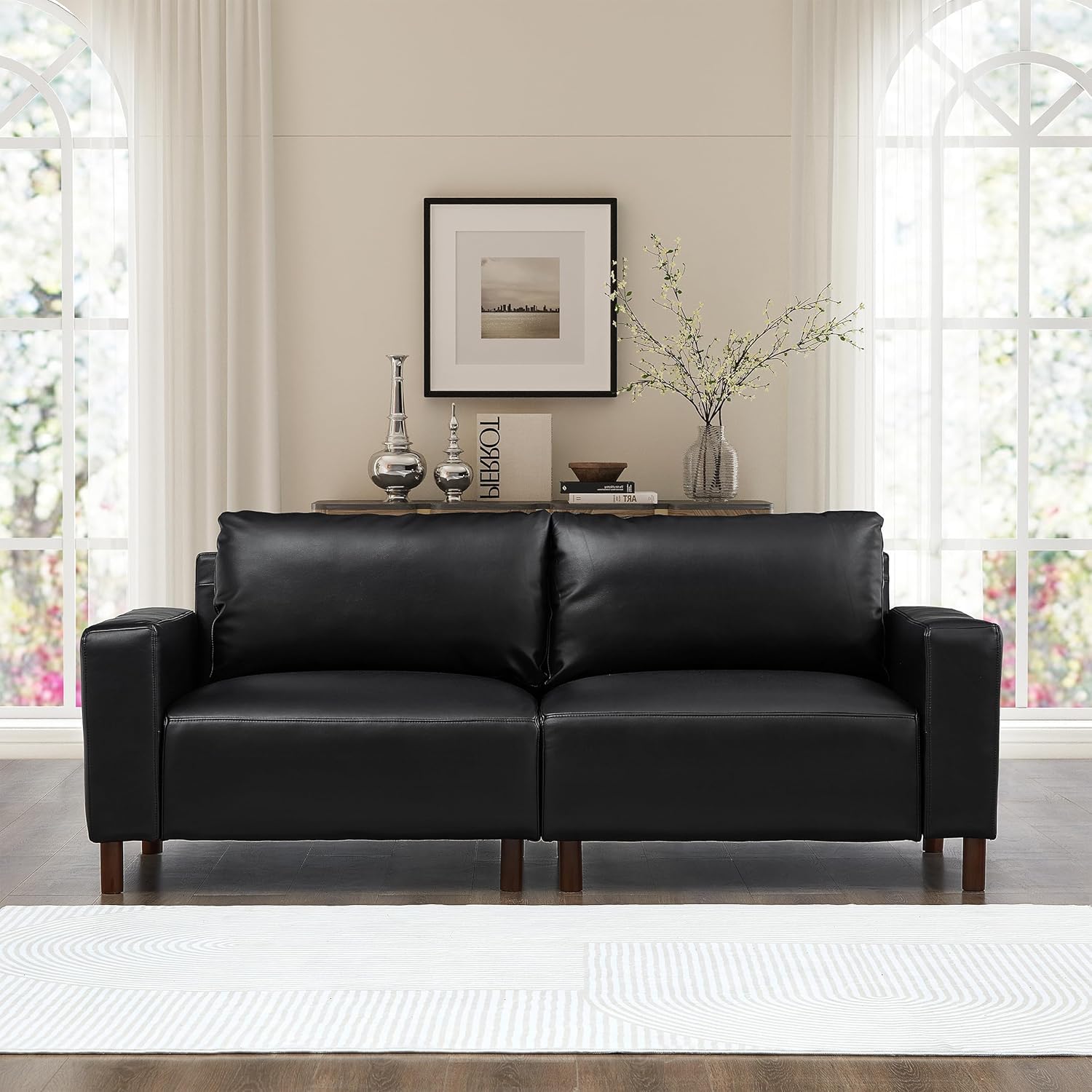 78.5" Faux Leather 2 Seat Sectional Couch with Solid Wood Legs, Mid-Century Modern Modular Loveseat Sofa, Comfort Upholstered PU Couch for Living Room Office, Easy to Assemble, Black