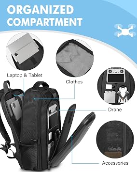 PEKREWS Case for DJI Mini 3 / Mini 4 Pro, for RC 2, RC-N3/N2 Controller | Drone Backpack, Fits 15.6 Inch Laptop, Hard, Expandable, Waterproof, for Fly More Combo Accessories, Travel Drone Bag, Black